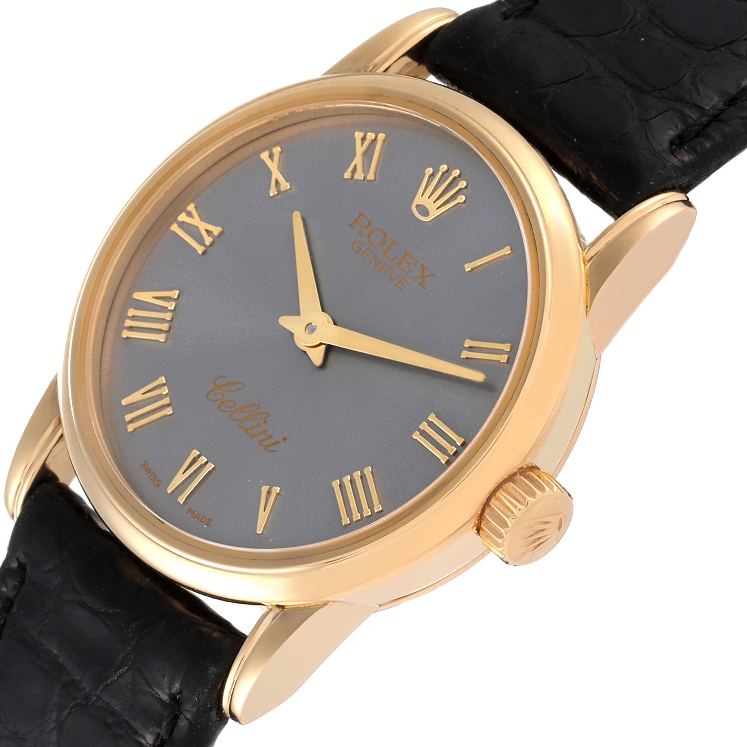 This image shows a close-up, angled view of the Rolex Cellini 6111 Women's Yellow Gold Grey Dial 6111 Women's Yellow Gold Grey Dial watch, highlighting its face, crown, and strap.