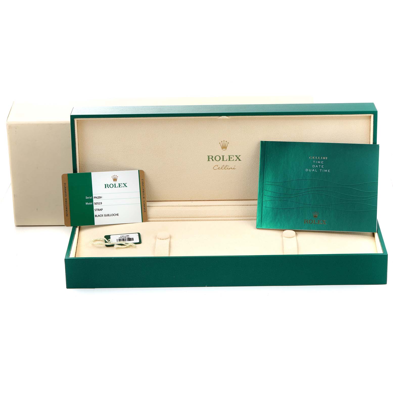 The image shows the packaging, warranty card, and manual for a Rolex Cellini 50519 Men's White Gold Black Dial 50519 Men's White Gold Black Dial watch, but not the watch itself.