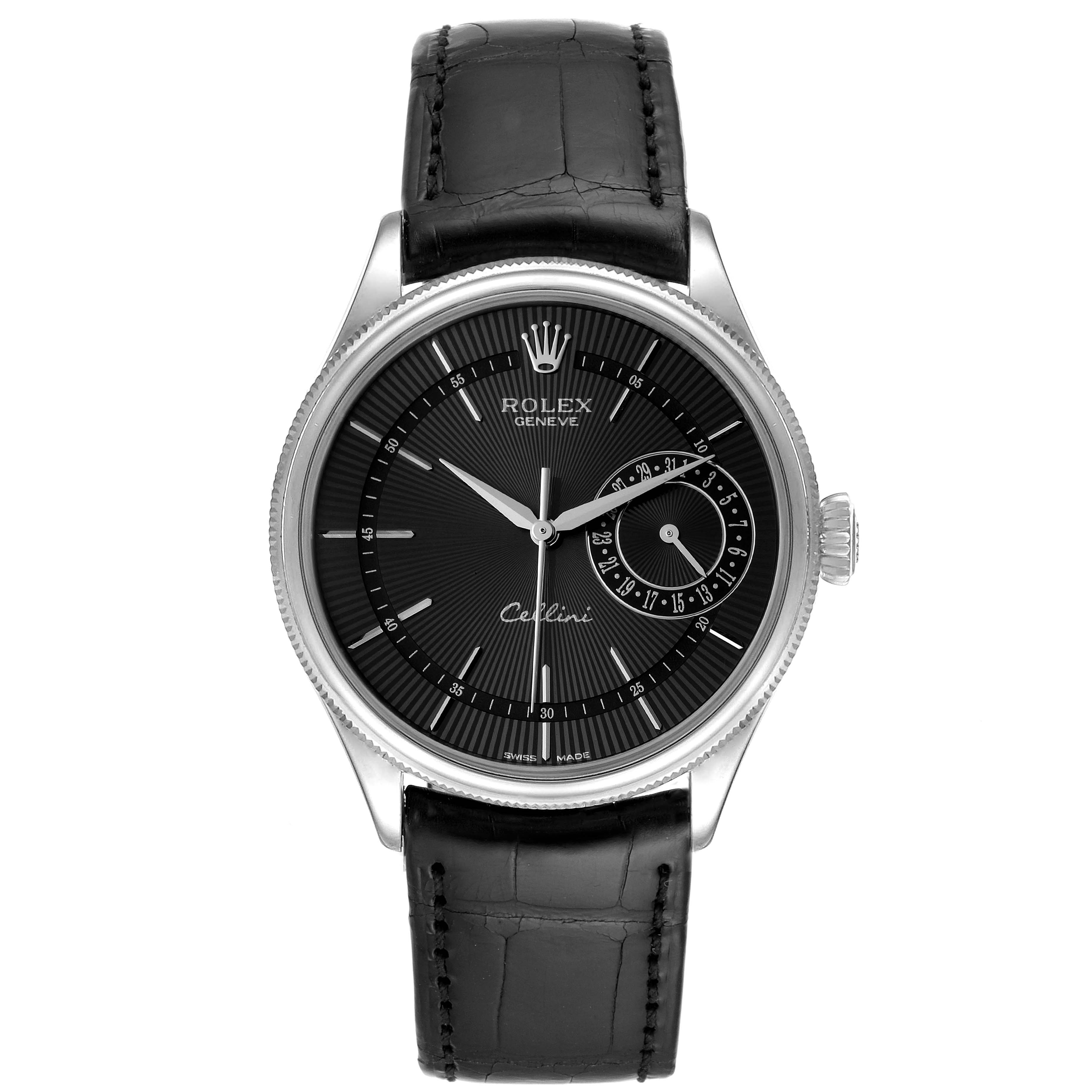 The image shows a front view of a Rolex Cellini 50519 Men's White Gold Black Dial 50519 Men's White Gold Black Dial watch with a black dial, leather strap, and a side crown.