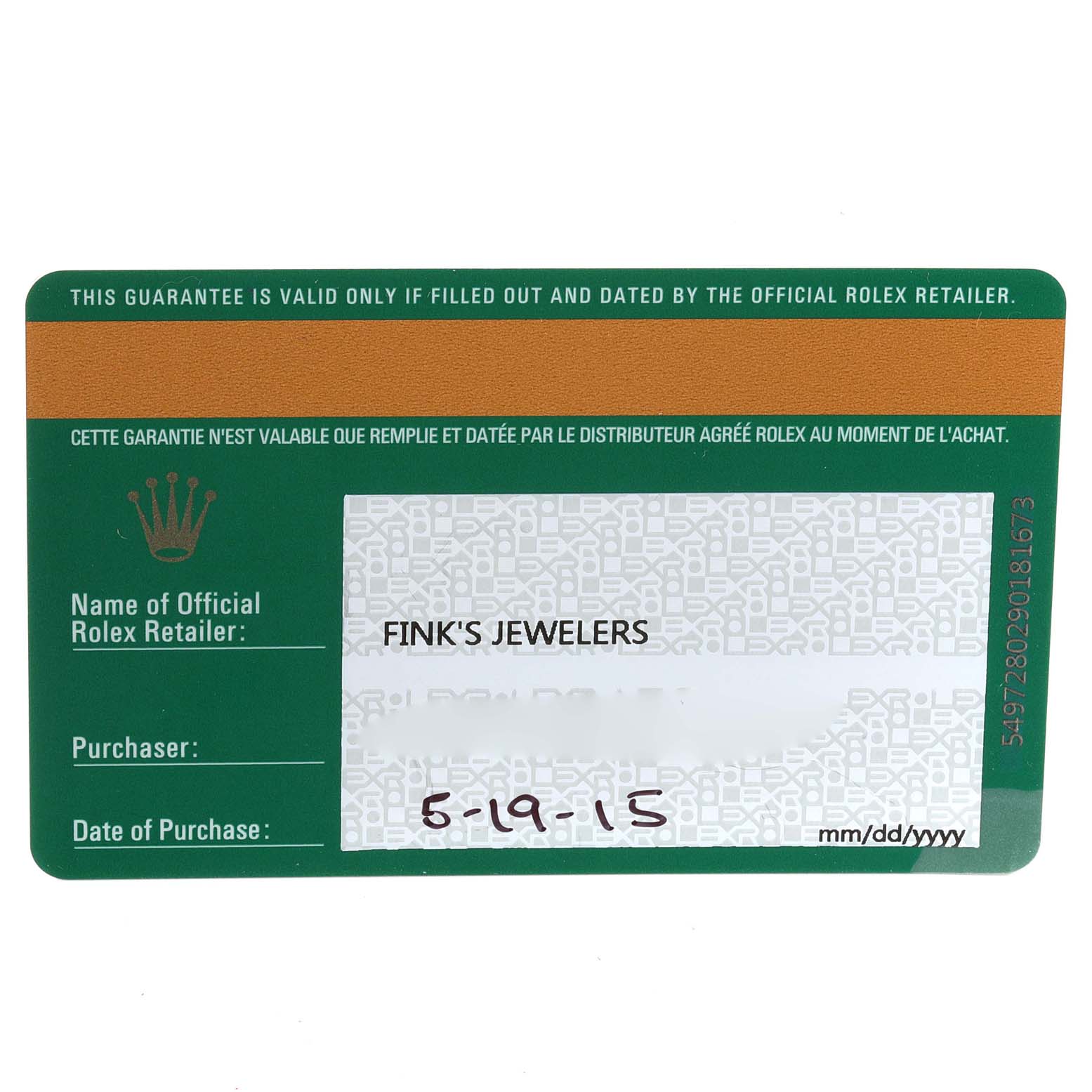 This image shows the warranty card for a Rolex Cellini 50519 Men's White Gold Black Dial 50519 Men's White Gold Black Dial watch, detailing the retailer and purchase date.