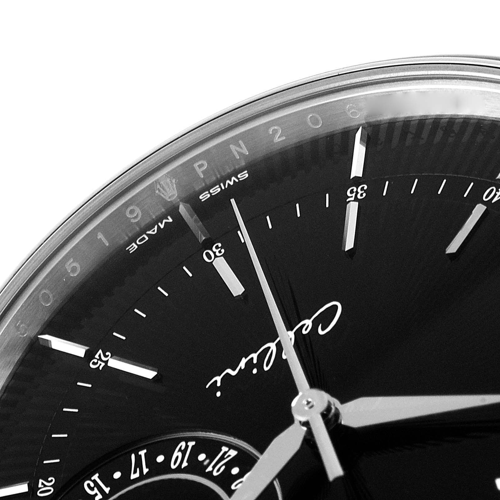 This image shows a close-up of the dial, hands, and markers of a Rolex Cellini 50519 Men's White Gold Black Dial 50519 Men's White Gold Black Dial watch, focusing on the Swiss Made marking.