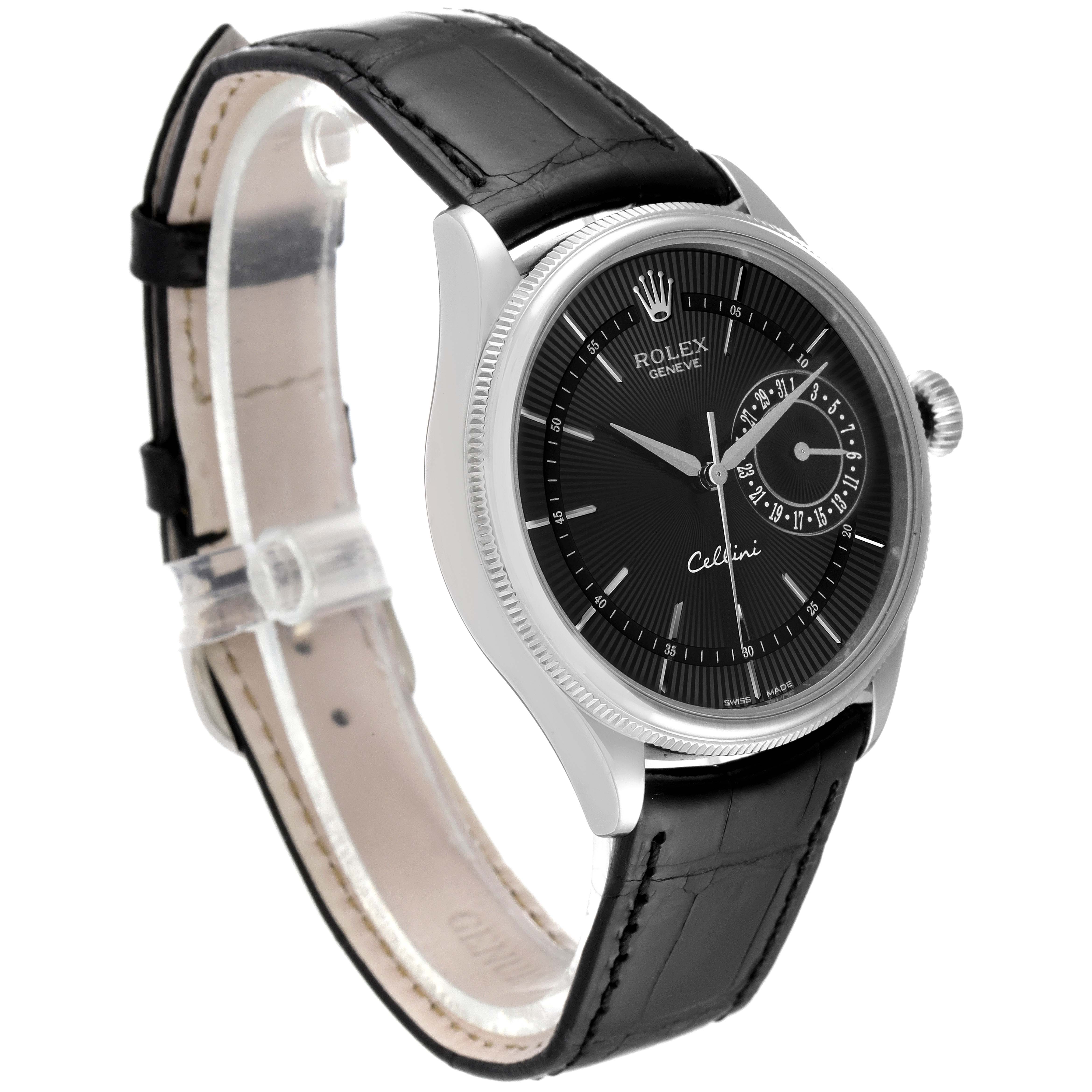 The Rolex Cellini 50519 Men's White Gold Black Dial 50519 Men's White Gold Black Dial watch is shown from a side angle with a focus on the dial, case, and leather strap.