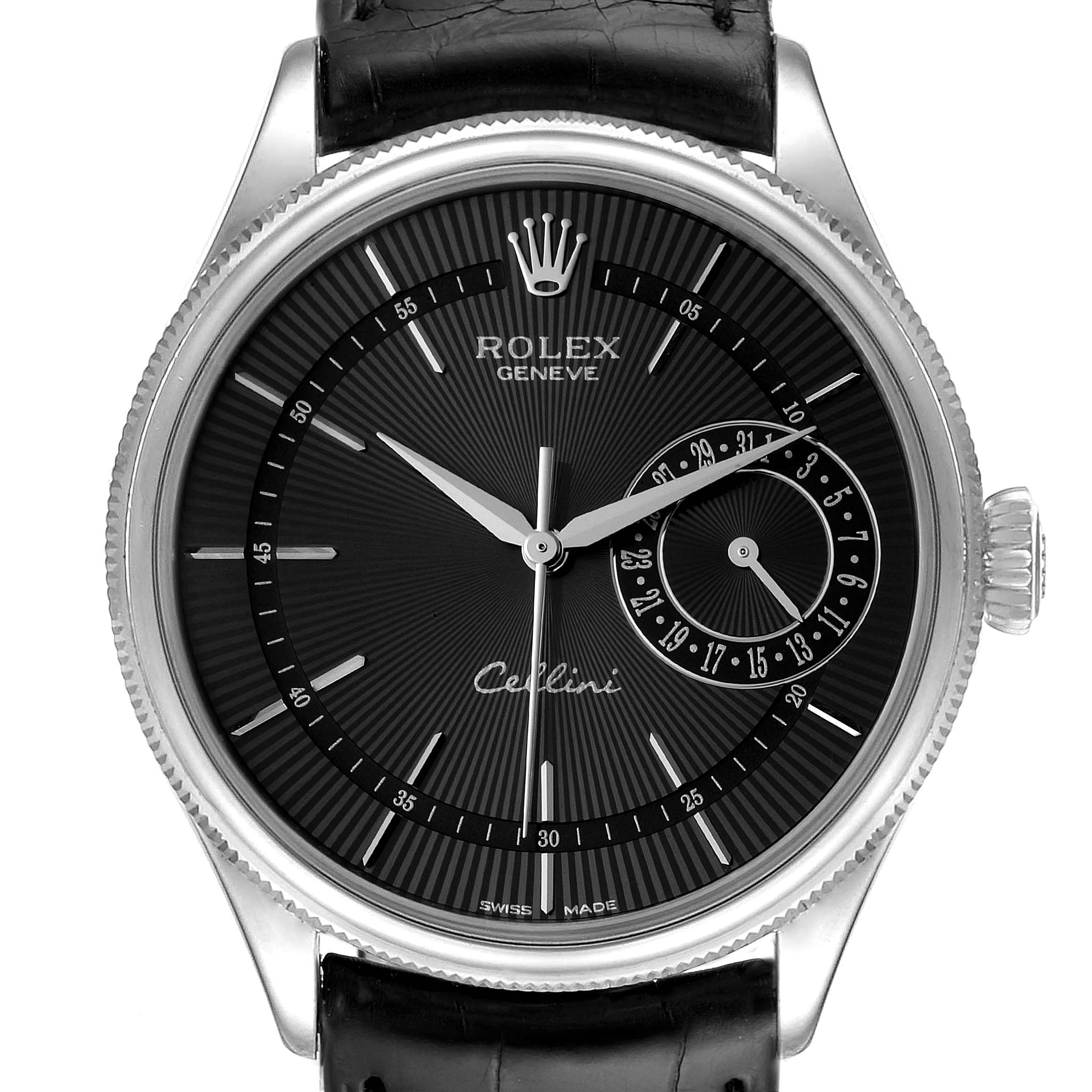 This image shows a front view of the Rolex Cellini 50519 Men's White Gold Black Dial 50519 Men's White Gold Black Dial watch, highlighting its dial, hands, crown, and partial leather strap.