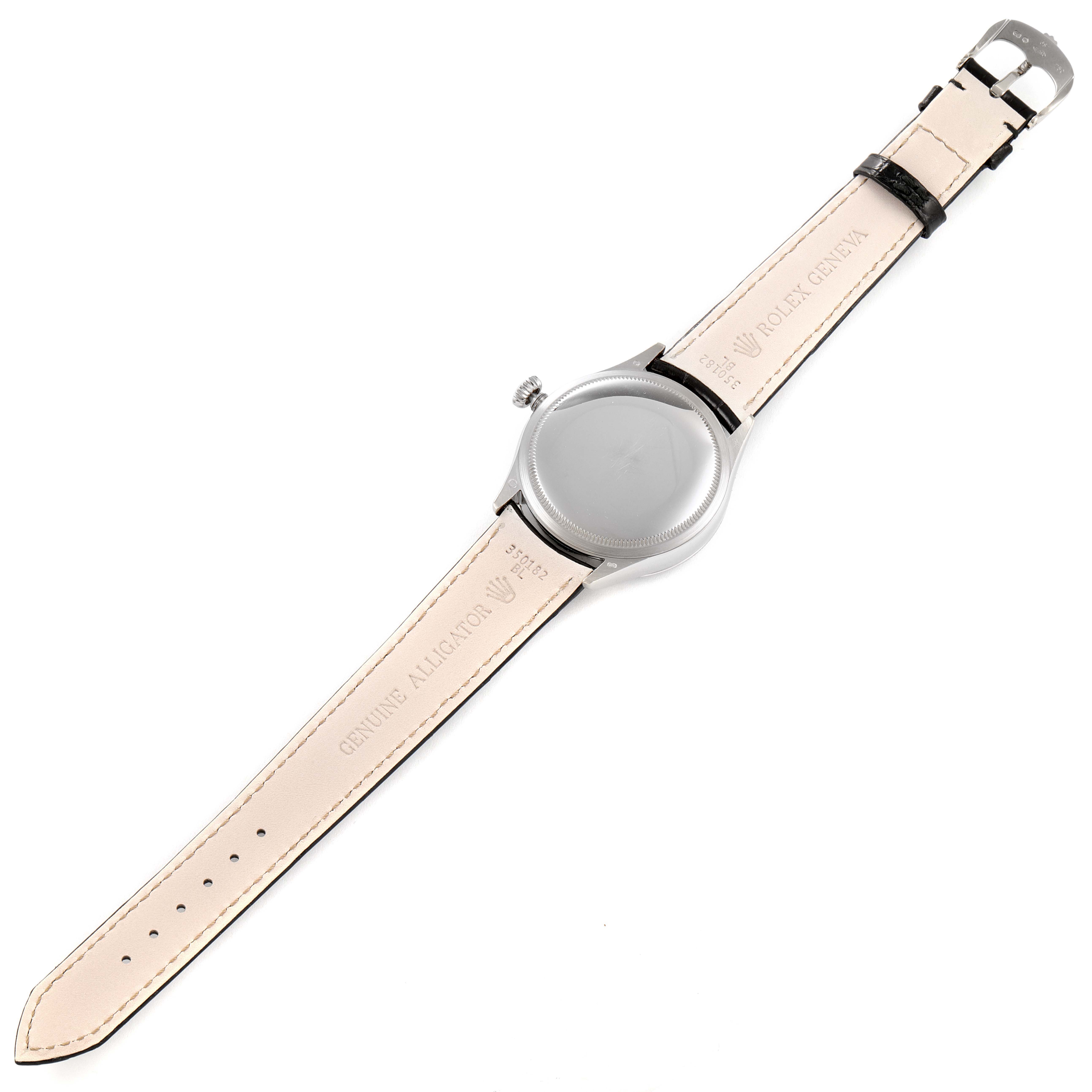 This image shows the back view of a Rolex Cellini 50519 Men's White Gold Black Dial 50519 Men's White Gold Black Dial watch, highlighting the case back, crown, and inner side of the alligator leather strap.