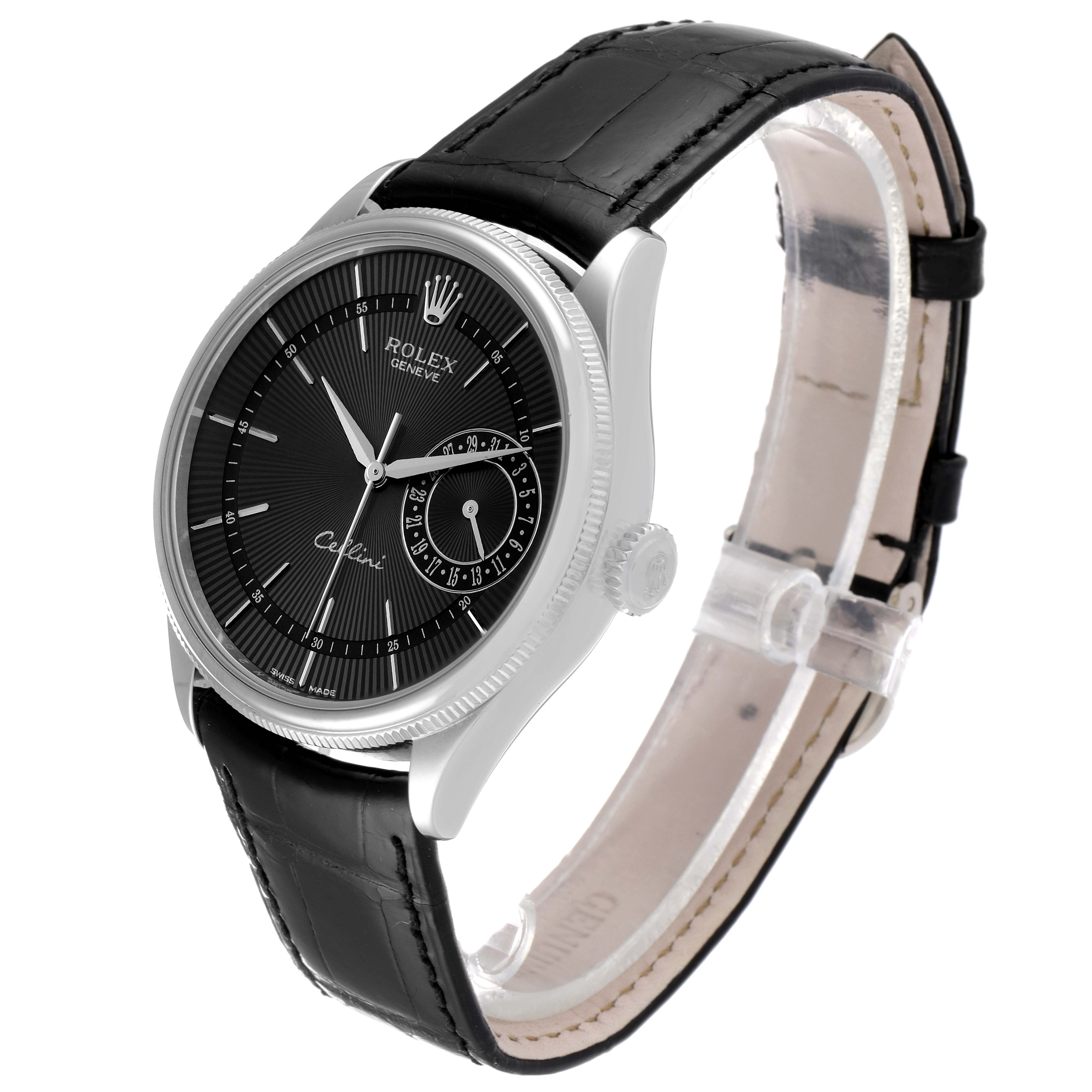The image shows a side view of the Rolex Cellini 50519 Men's White Gold Black Dial 50519 Men's White Gold Black Dial watch highlighting its black dial, silver bezel, and black leather strap.