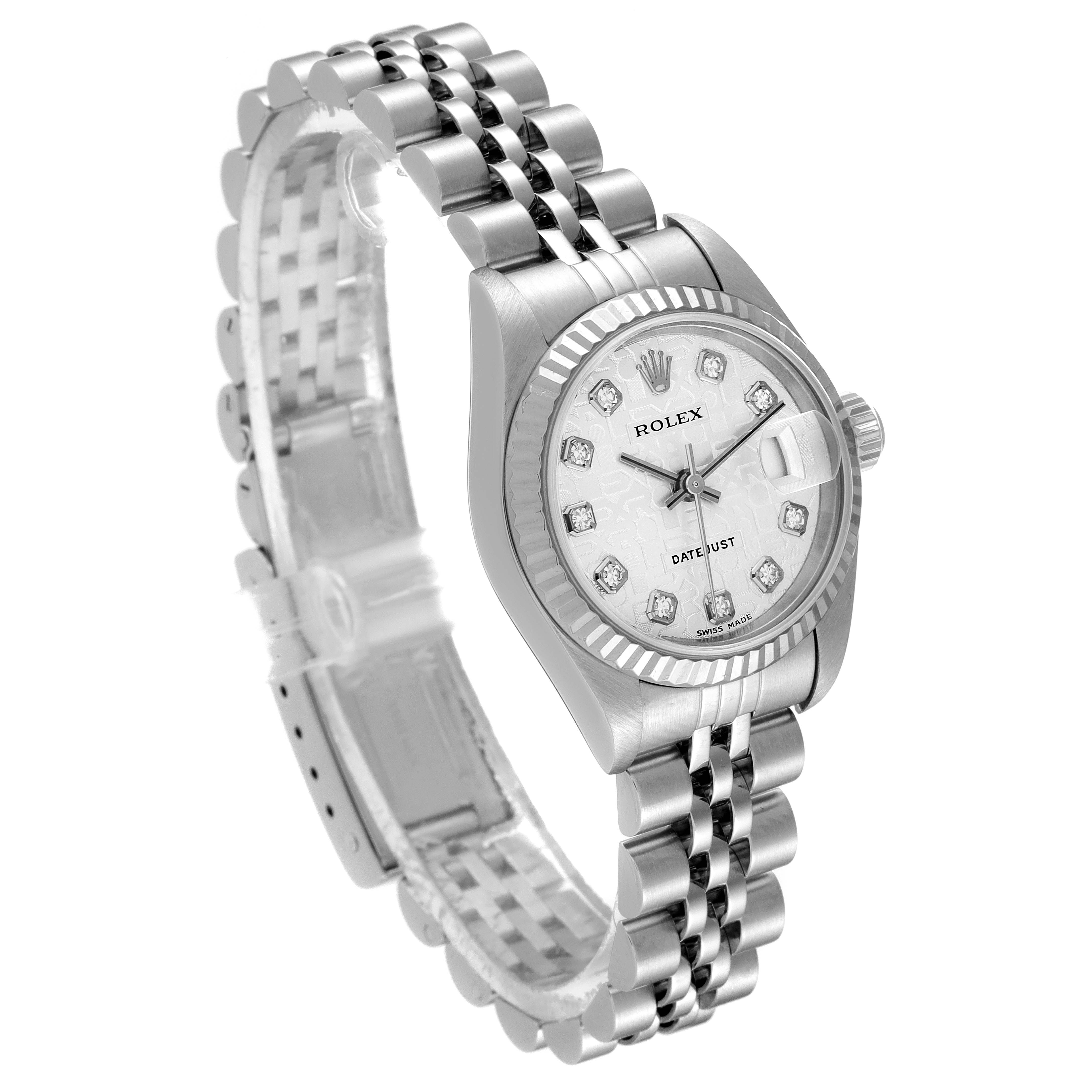 The image shows a Rolex Datejust 79174 Women's Stainless Steel Silver Dial 79174 Women's Stainless Steel Silver Dial watch angled to display the dial, bracelet, and clasp.