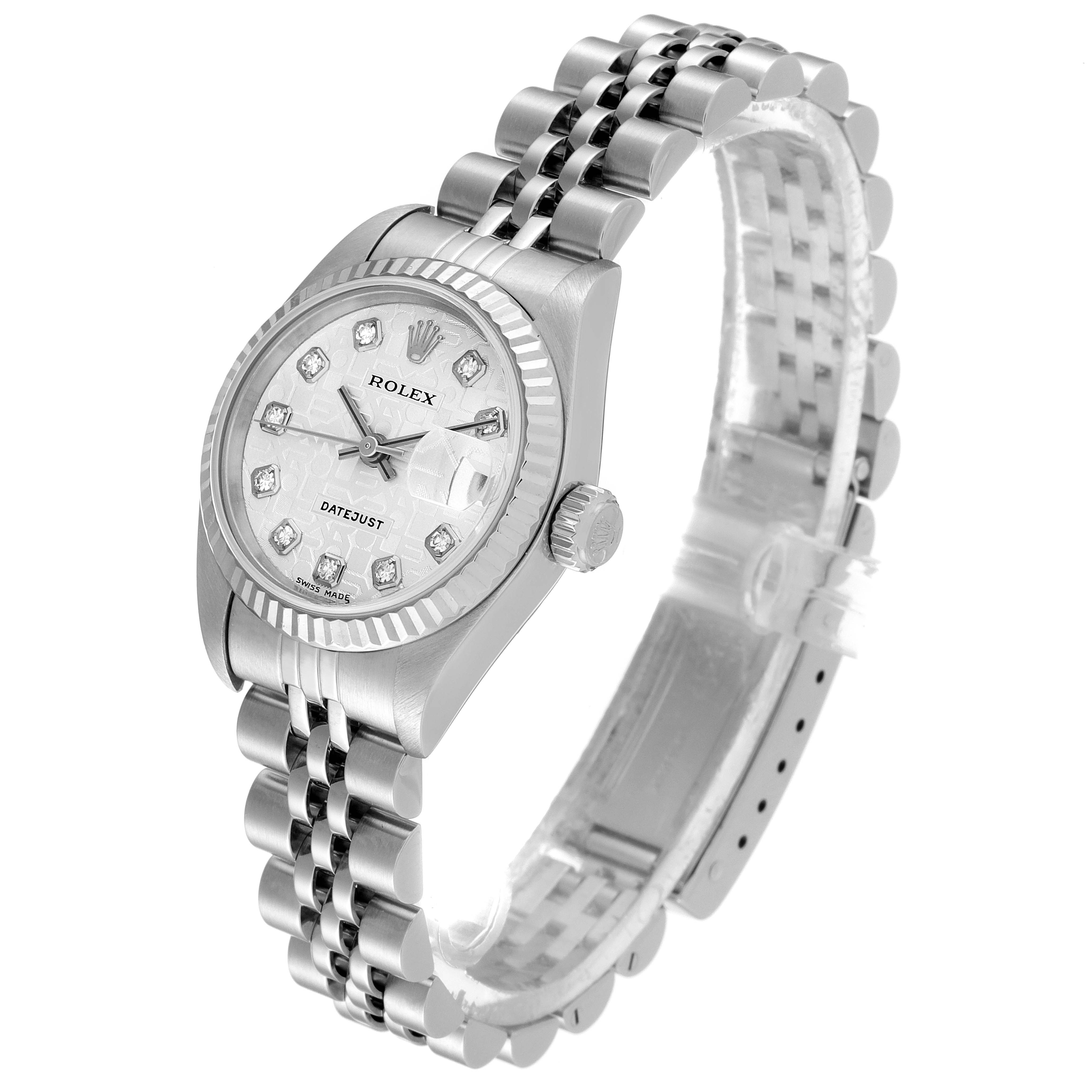 The image shows a side angle of a Rolex Datejust 79174 Women's Stainless Steel Silver Dial 79174 Women's Stainless Steel Silver Dial watch, featuring its face, bezel, crown, and Jubilee bracelet.