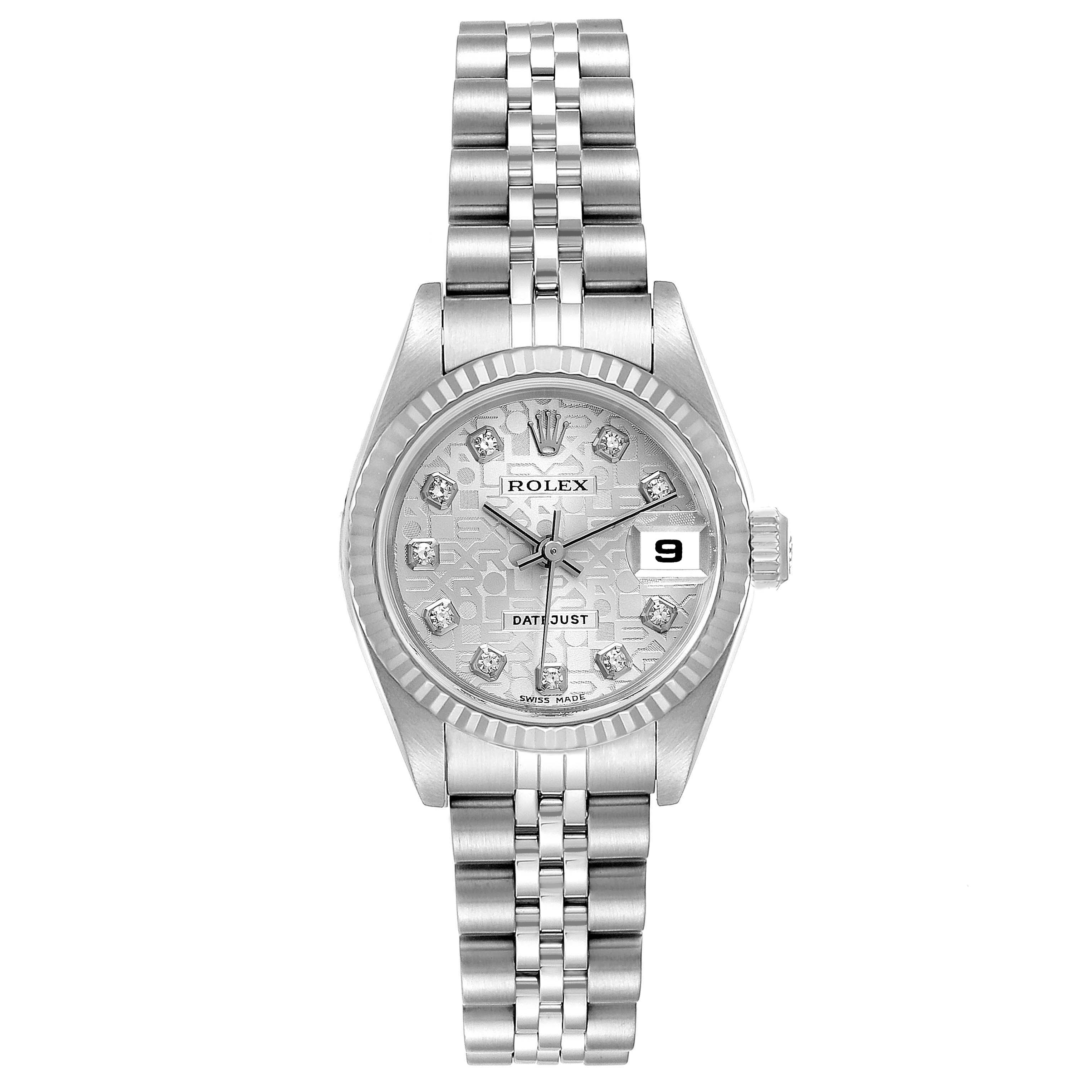 This image shows a Rolex Datejust 79174 Women's Stainless Steel Silver Dial 79174 Women's Stainless Steel Silver Dial watch from a straight-on angle, displaying the face, bezel, and bracelet.