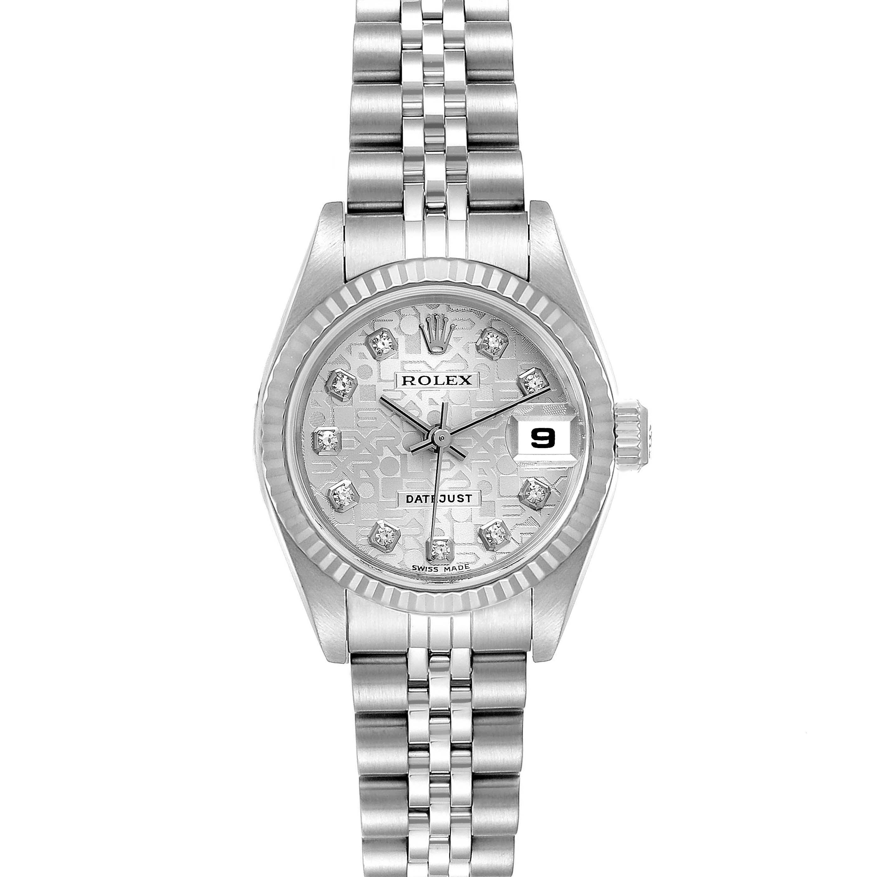 This is a front view of a Rolex Datejust 79174 Women's Stainless Steel Silver Dial 79174 Women's Stainless Steel Silver Dial watch showing the dial, bezel, hands, date window, and bracelet.