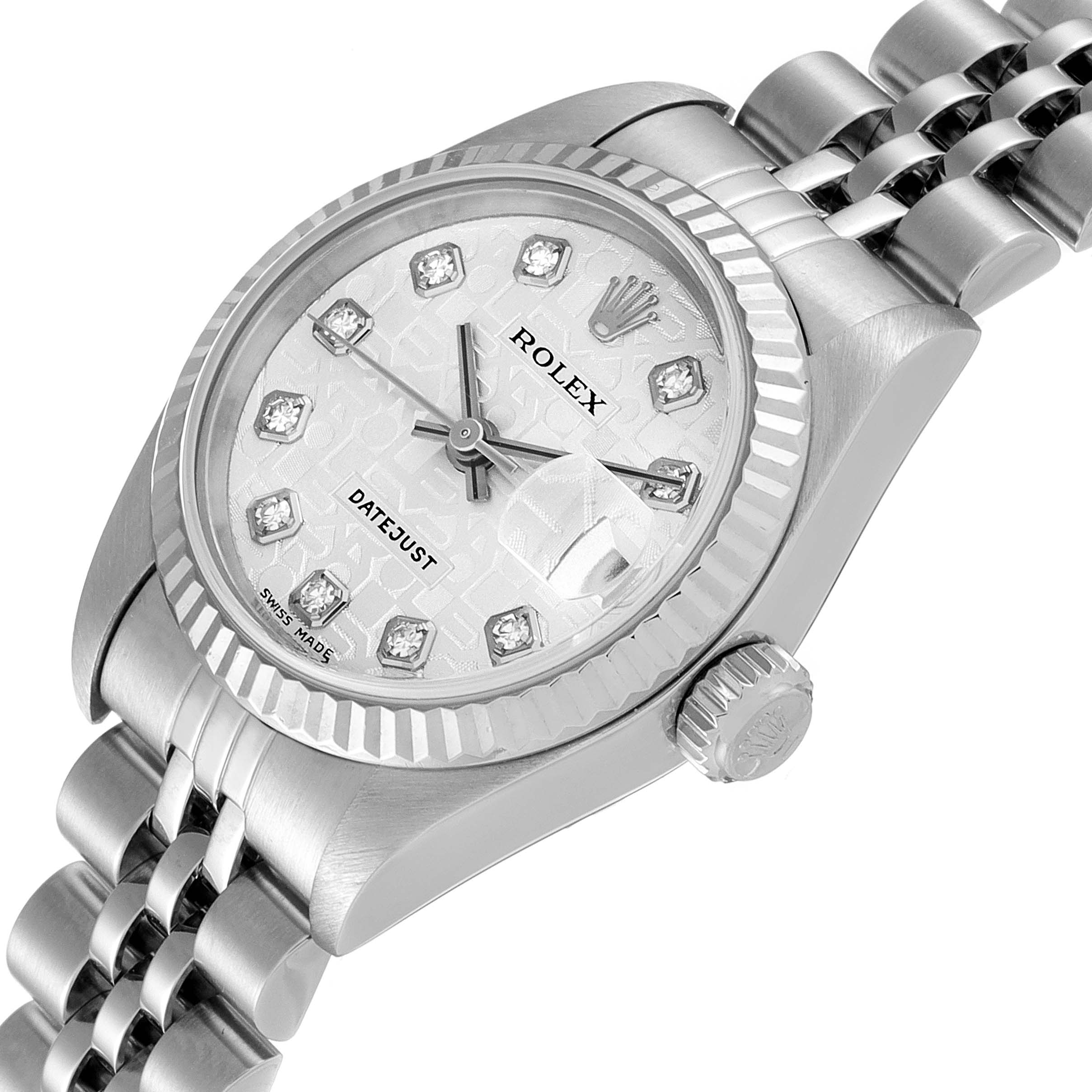 The image shows a Rolex Datejust 79174 Women's Stainless Steel Silver Dial 79174 Women's Stainless Steel Silver Dial watch from an angled top-down perspective, highlighting the dial, bezel, crown, and part of the bracelet.