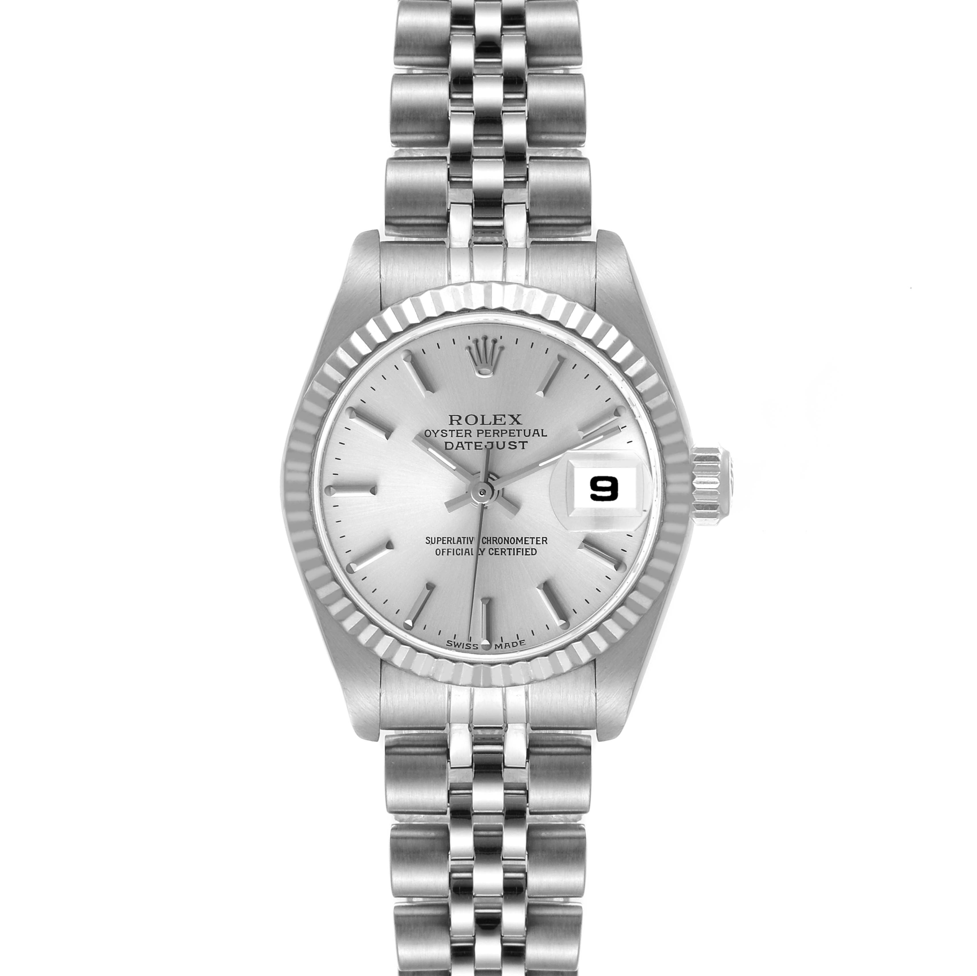 This image shows a front view of a Rolex Datejust 79174 Women's Stainless Steel Silver Dial 79174 Women's Stainless Steel Silver Dial watch, displaying its dial, bezel, bracelet, and date window.