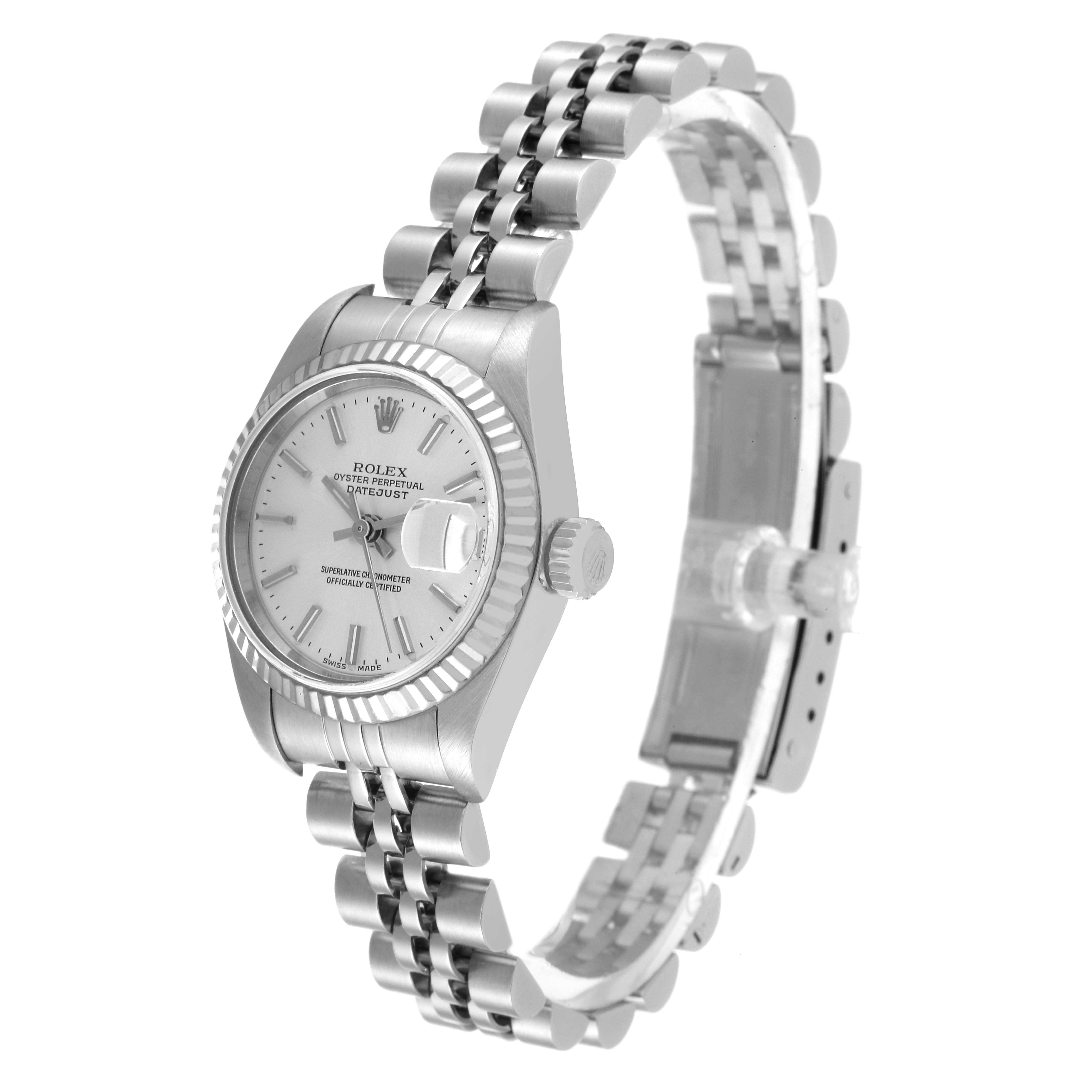 This image shows a side angle view of the Rolex Datejust 79174 Women's Stainless Steel Silver Dial 79174 Women's Stainless Steel Silver Dial watch displaying the face, bezel, crown, and bracelet.