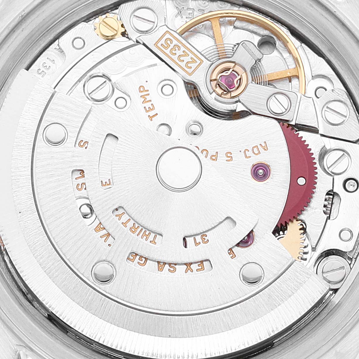 This image shows a close-up view of the movement mechanism inside a Rolex Datejust 79174 Women's Stainless Steel Silver Dial 79174 Women's Stainless Steel Silver Dial watch.