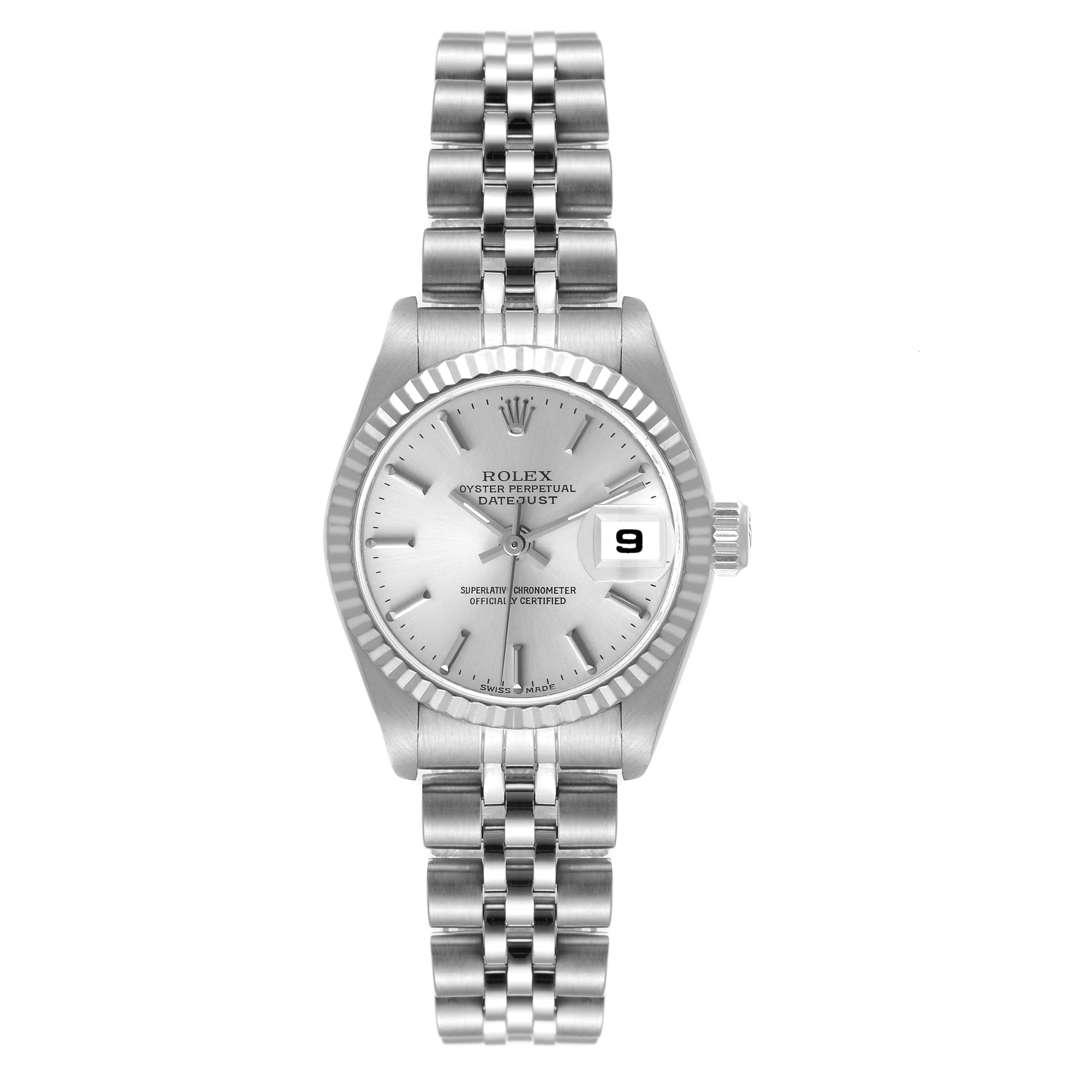 The image shows a front view of a Rolex Datejust 79174 Women's Stainless Steel Silver Dial 79174 Women's Stainless Steel Silver Dial watch, displaying the dial, bezel, and bracelet.