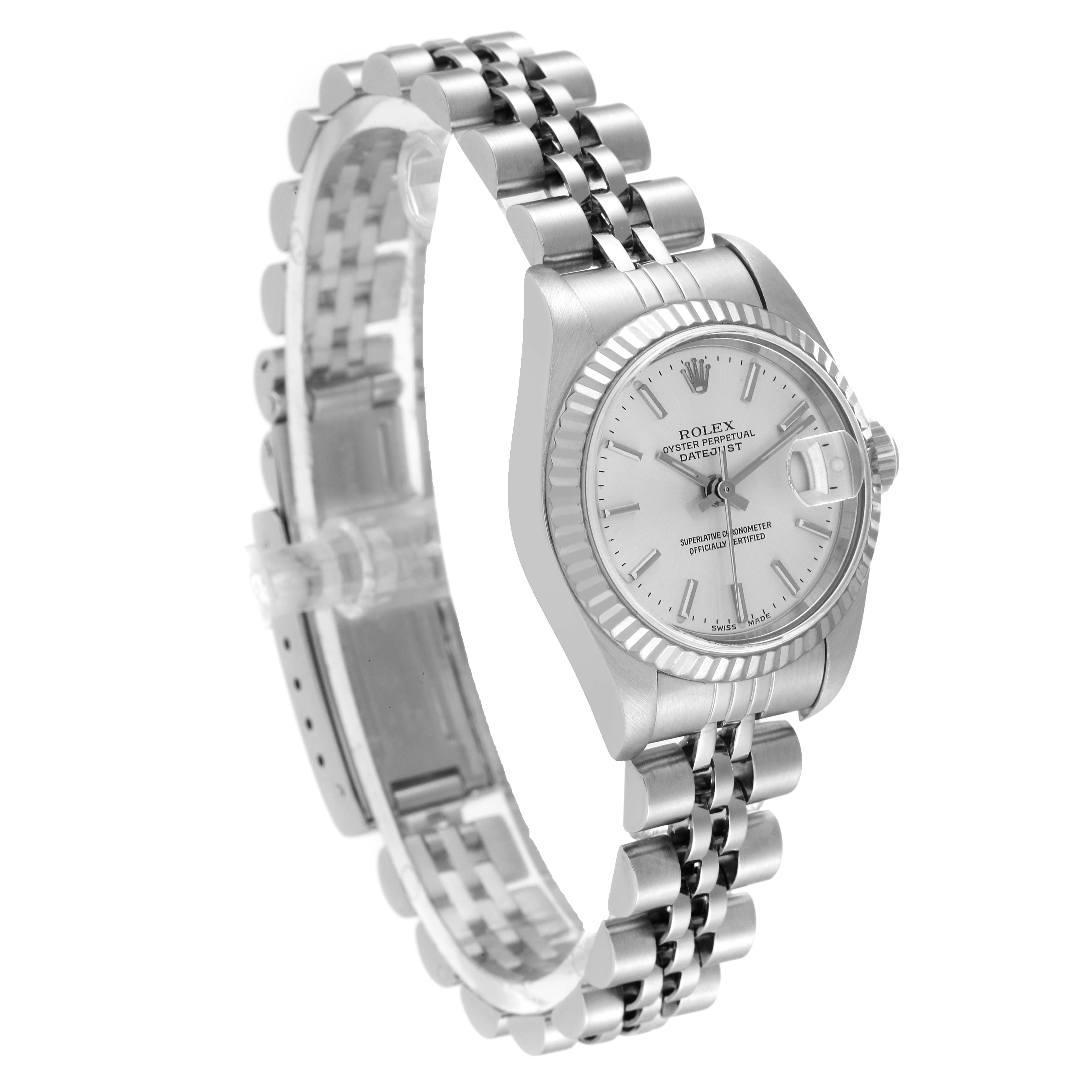The image shows a Rolex Datejust 79174 Women's Stainless Steel Silver Dial 79174 Women's Stainless Steel Silver Dial watch from an angled side view highlighting the face, bezel, and bracelet.