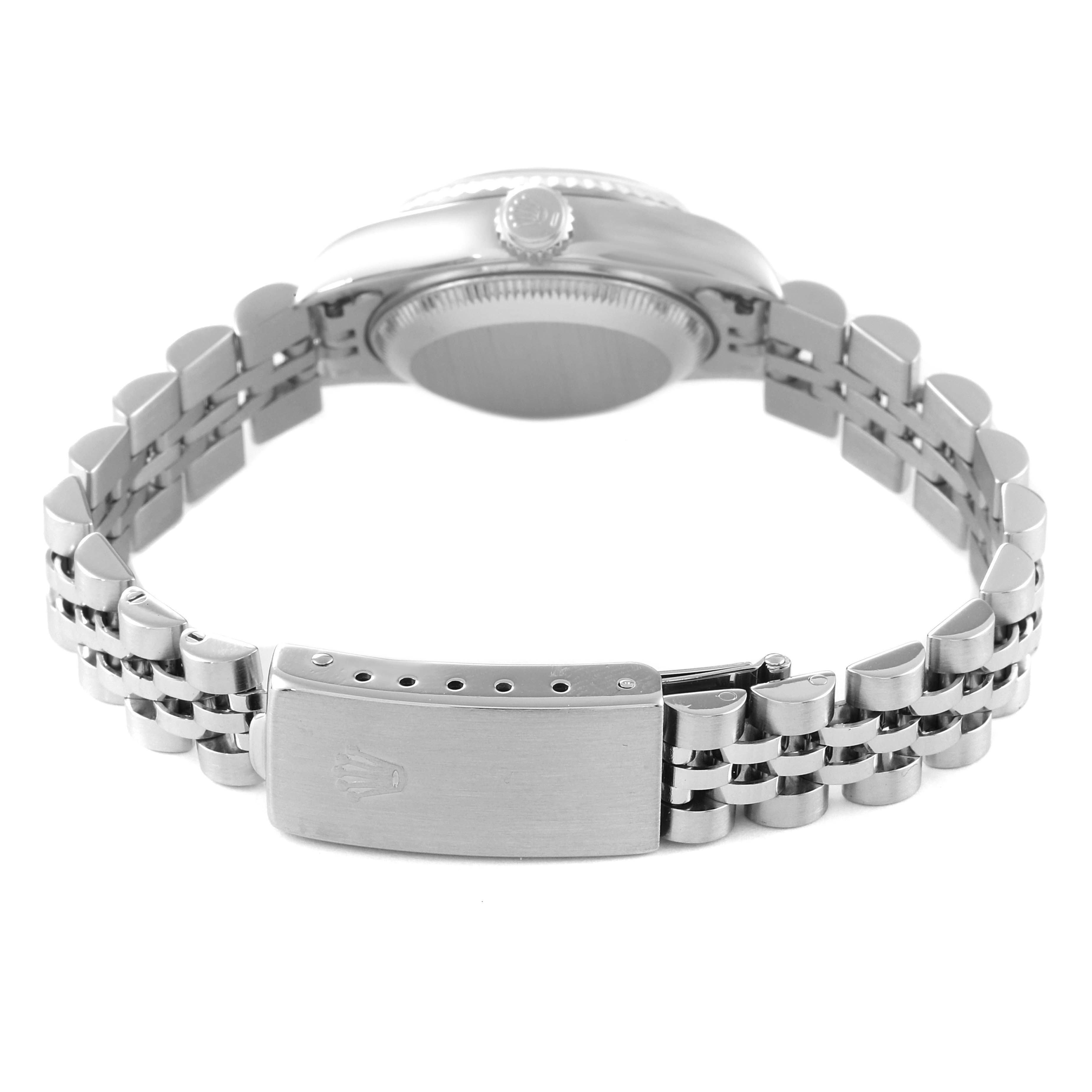 This image shows the back of a Rolex Datejust 79174 Women's Stainless Steel Silver Dial 79174 Women's Stainless Steel Silver Dial watch, focusing on the bracelet and clasp.