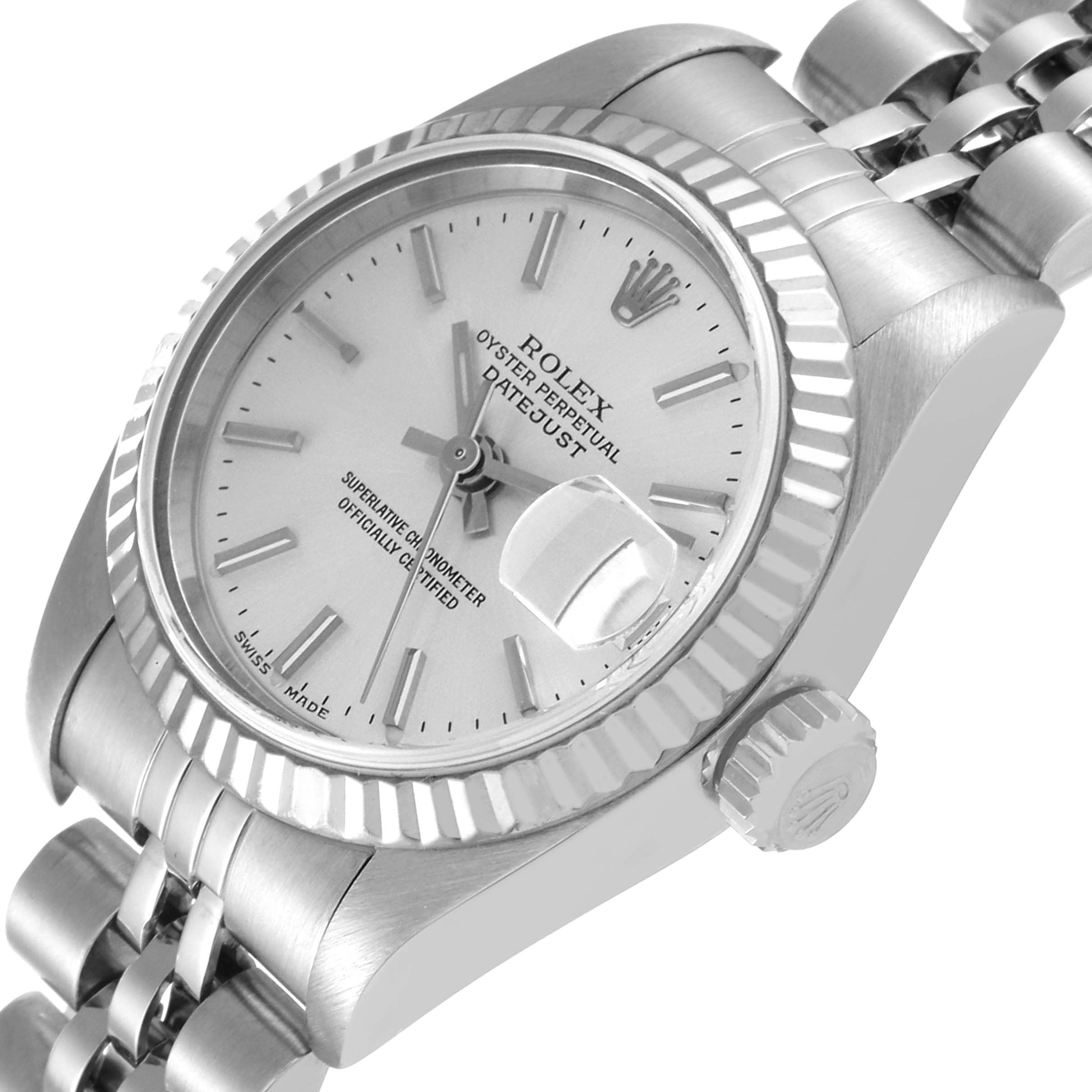 The image shows a close-up angle of a Rolex Datejust 79174 Women's Stainless Steel Silver Dial 79174 Women's Stainless Steel Silver Dial watch, highlighting its dial, bezel, crown, and part of the bracelet.