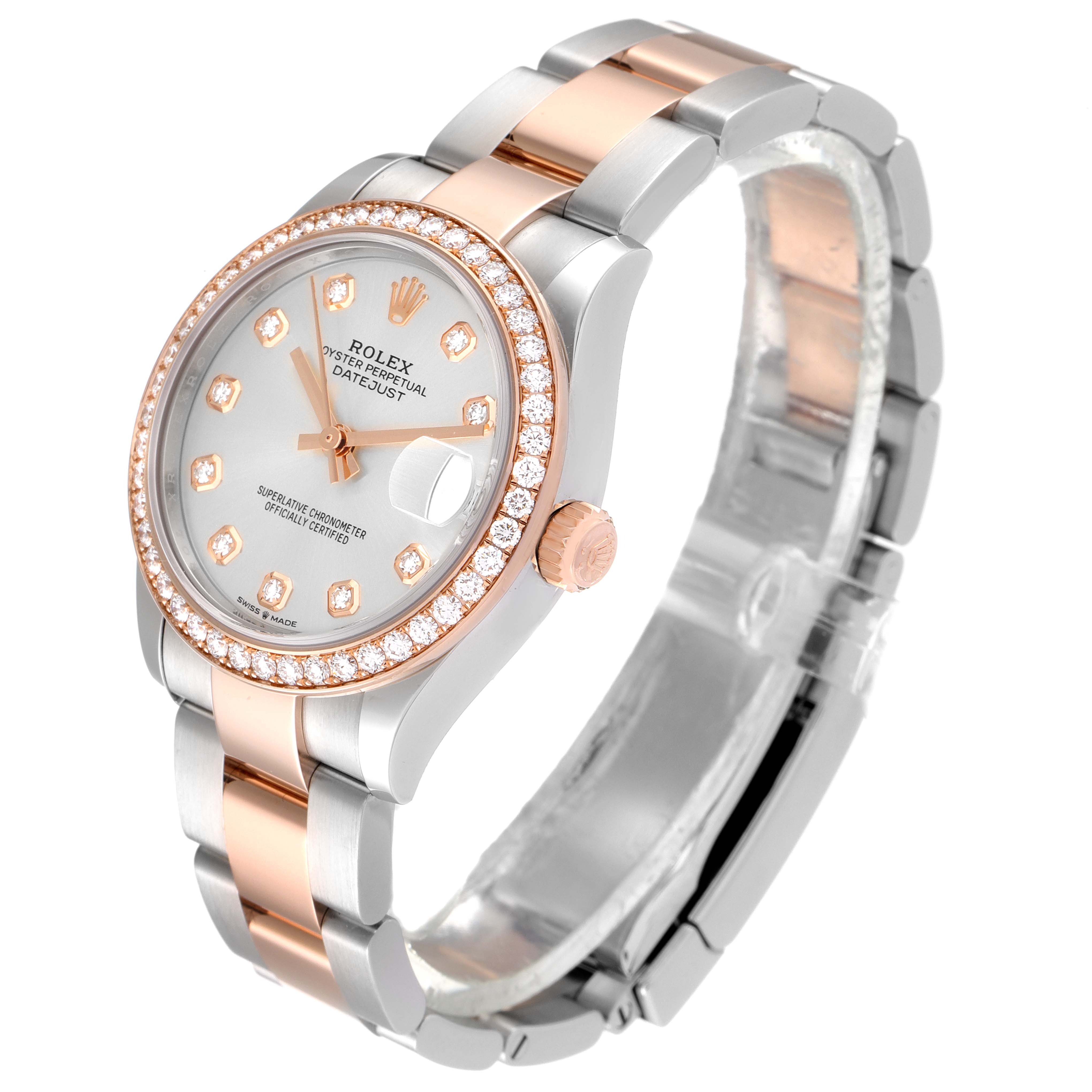 The image shows a Rolex Oyster Perpetual Datejust Mid-Size watch at a three-quarter angle highlighting the dial, bezel, and bracelet.