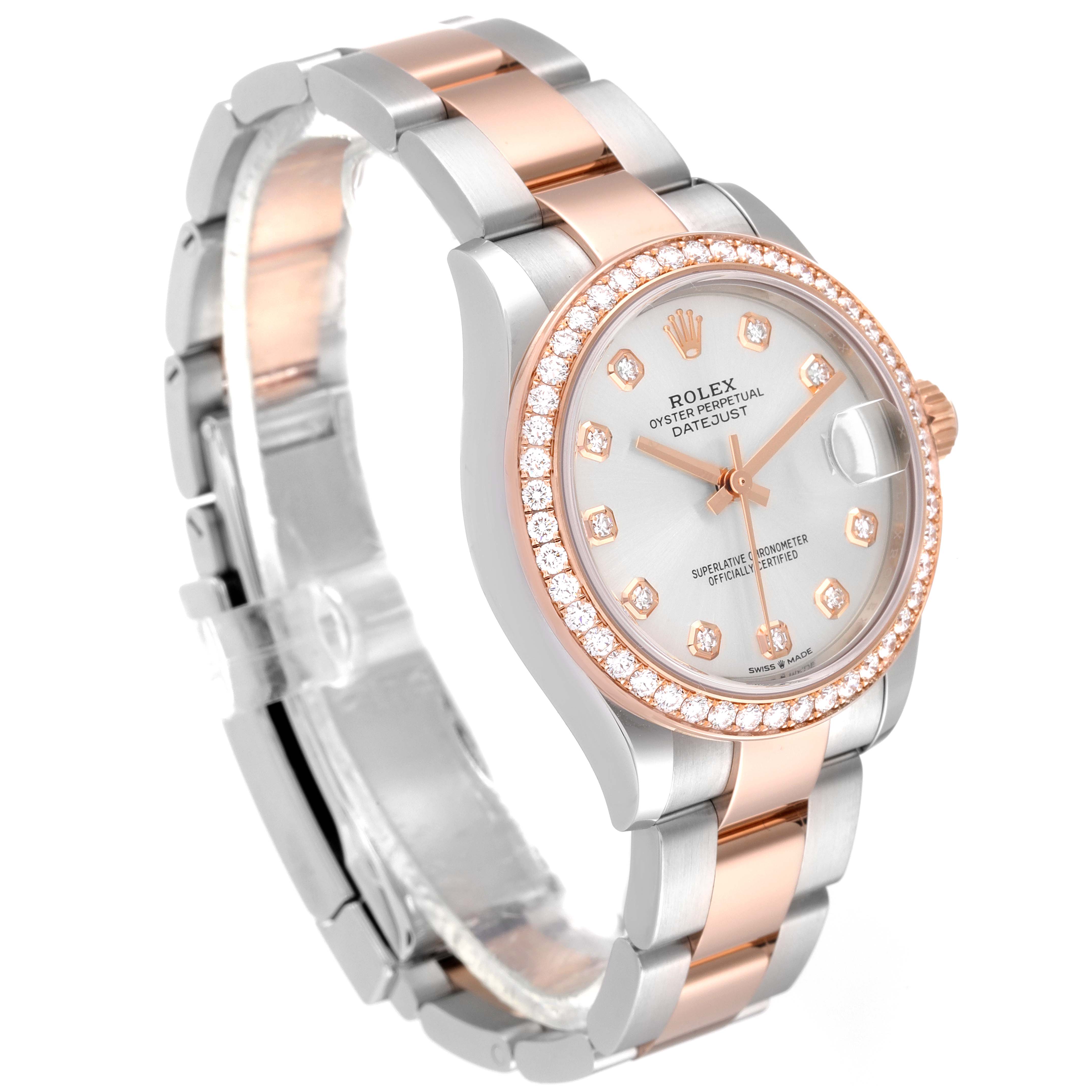 The image shows the front and left side of a Rolex Mid-Size 278381 Women
s Steel and Gold (two tone) Silver Dial 278381 Women
s Steel and Gold (two tone) Silver Dial Datejust watch, highlighting its face, bezel, and bracelet.