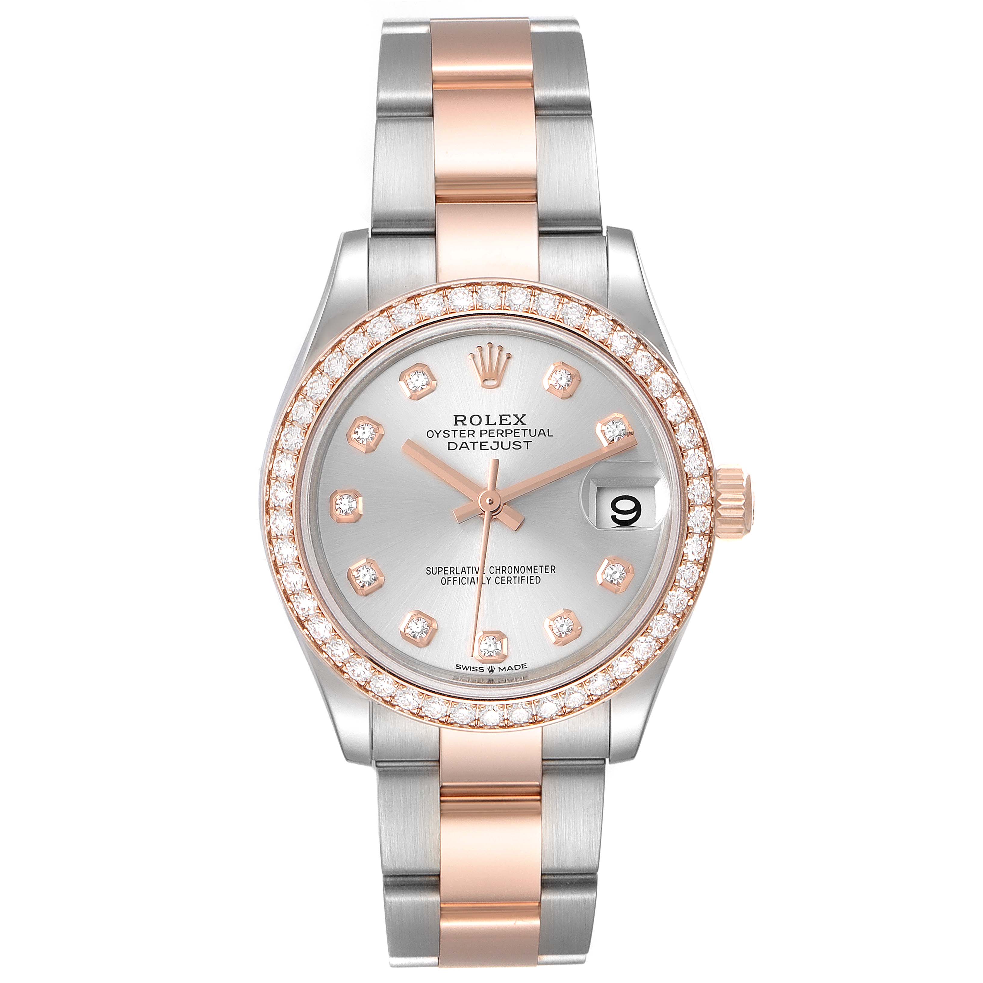 The Rolex Mid-Size 278381 Women
s Steel and Gold (two tone) Silver Dial 278381 Women
s Steel and Gold (two tone) Silver Dial model is shown from a front angle, highlighting its two-tone metal band, diamond-set bezel and dial, and date window.