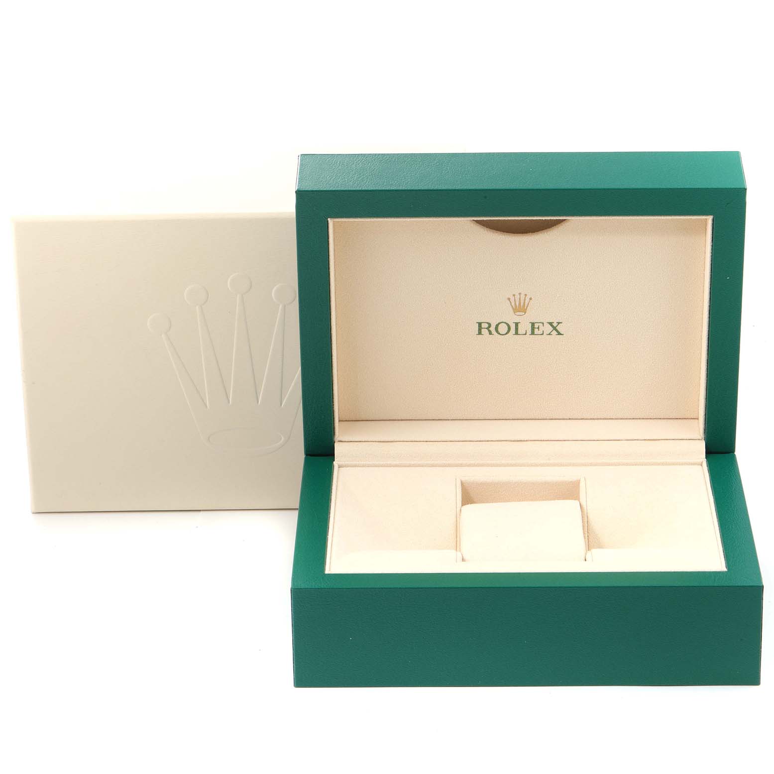 The image shows the open box for a Rolex Mid-Size 278381 Women
s Steel and Gold (two tone) Silver Dial 278381 Women
s Steel and Gold (two tone) Silver Dial model watch, revealing its beige interior and green exterior.