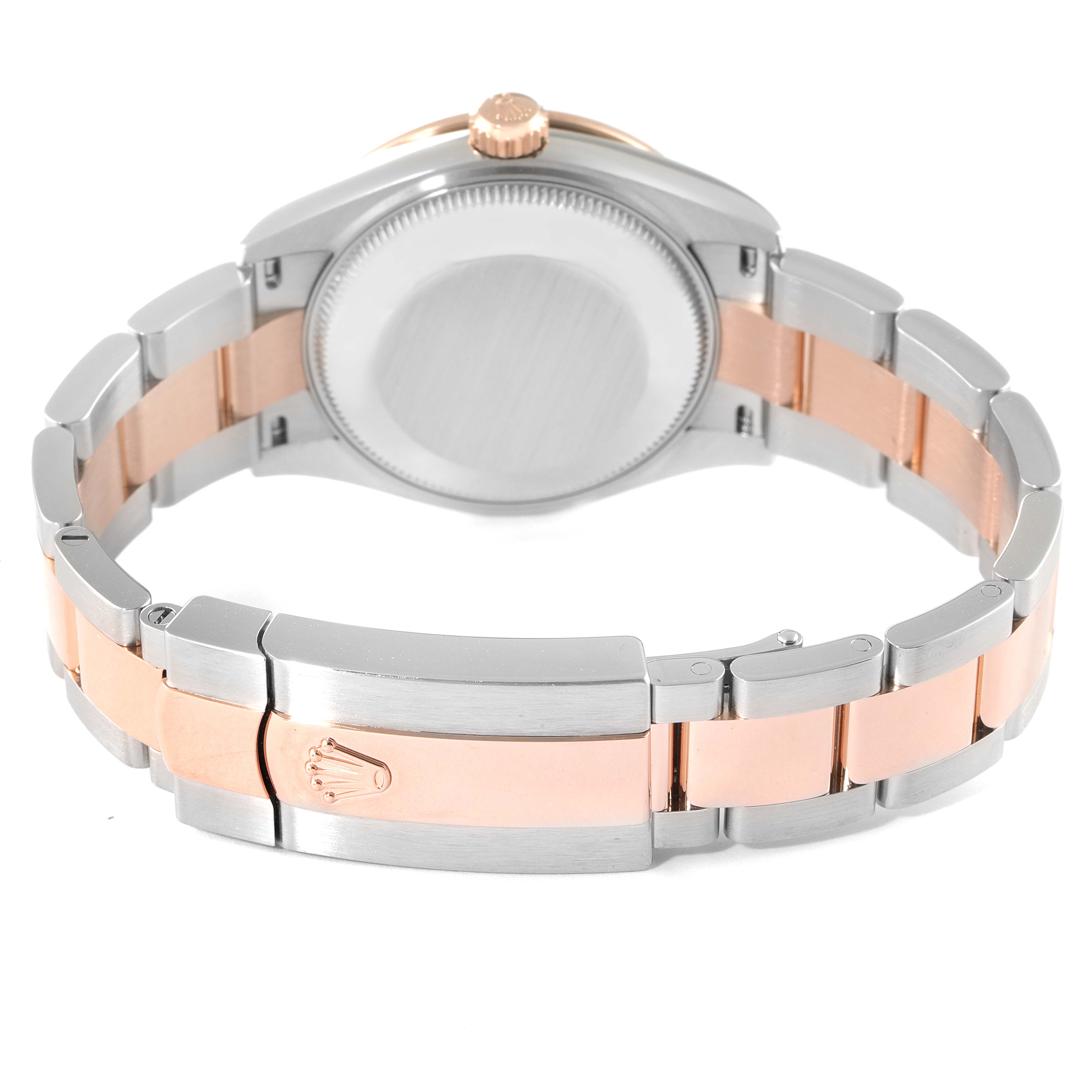 The image shows the back view of a Rolex Mid-Size 278381 Women
s Steel and Gold (two tone) Silver Dial 278381 Women
s Steel and Gold (two tone) Silver Dial watch, highlighting the case back, crown, and two-tone bracelet.