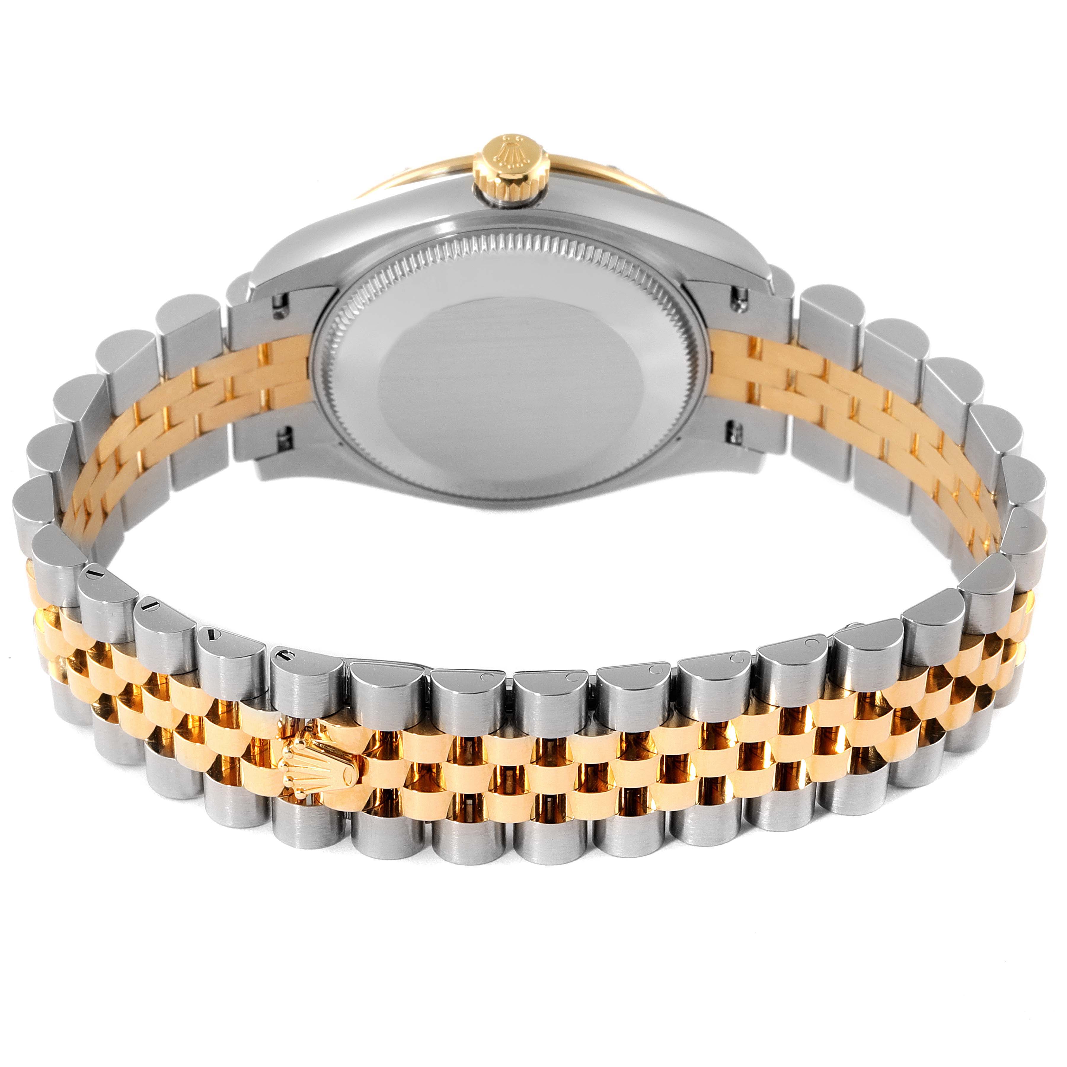 The image shows the back of the case and bracelet of a Mid-Size Rolex watch in a two-tone design.