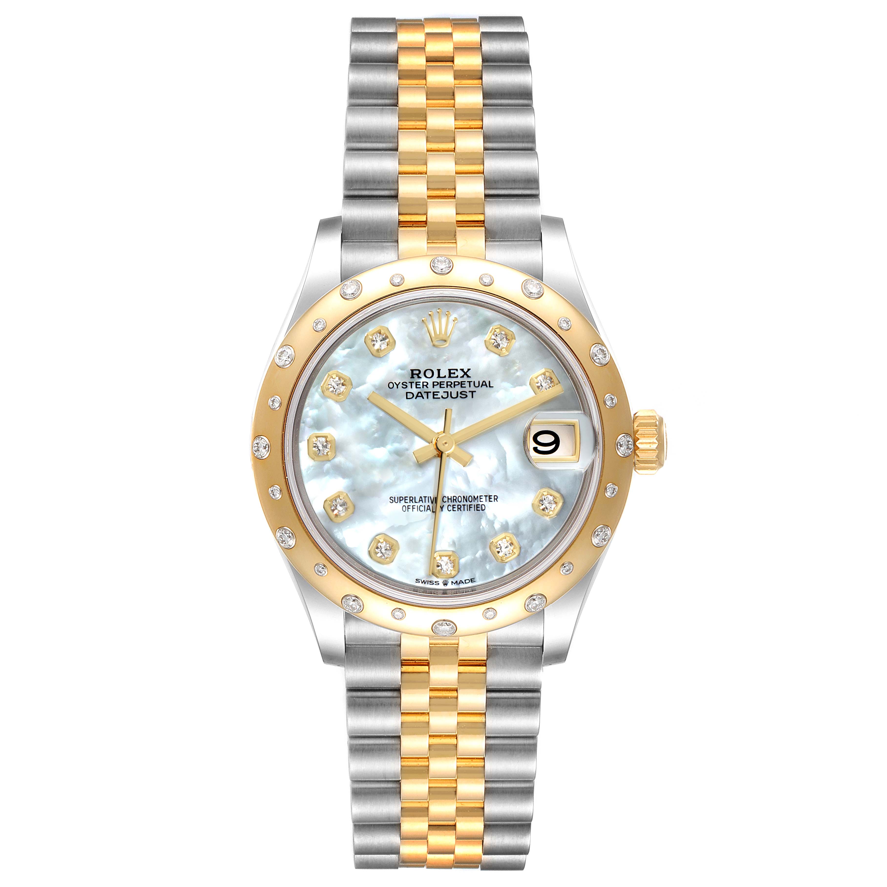 The image shows the front view of a Rolex Mid-Size 278343 Women's Steel and Gold (two tone) Mother of Pearl Dial 278343 Women's Steel and Gold (two tone) Mother of Pearl Dial Oyster Perpetual Datejust watch, displaying the dial, bezel, and bracelet.