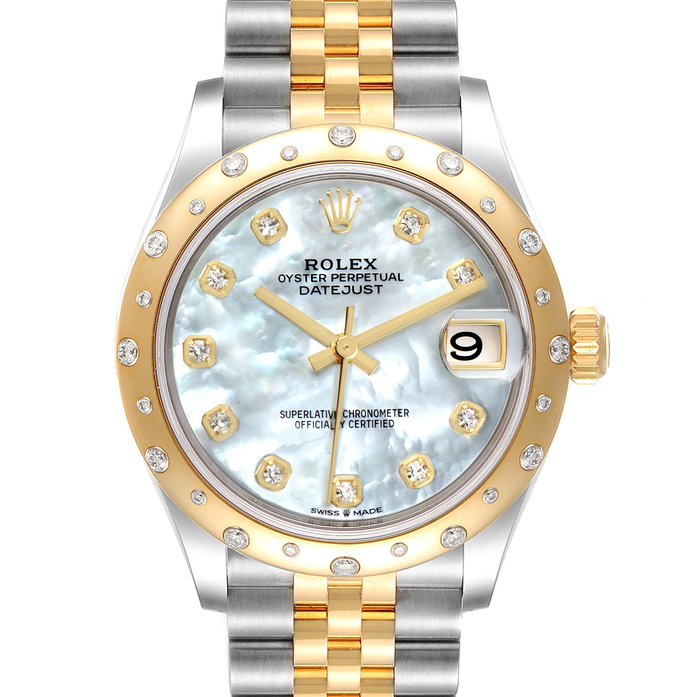 This Rolex Mid-Size 278343 Women's Steel and Gold (two tone) Mother of Pearl Dial 278343 Women's Steel and Gold (two tone) Mother of Pearl Dial Datejust watch is shown from a top angle, highlighting its dial, bezel, and bracelet.