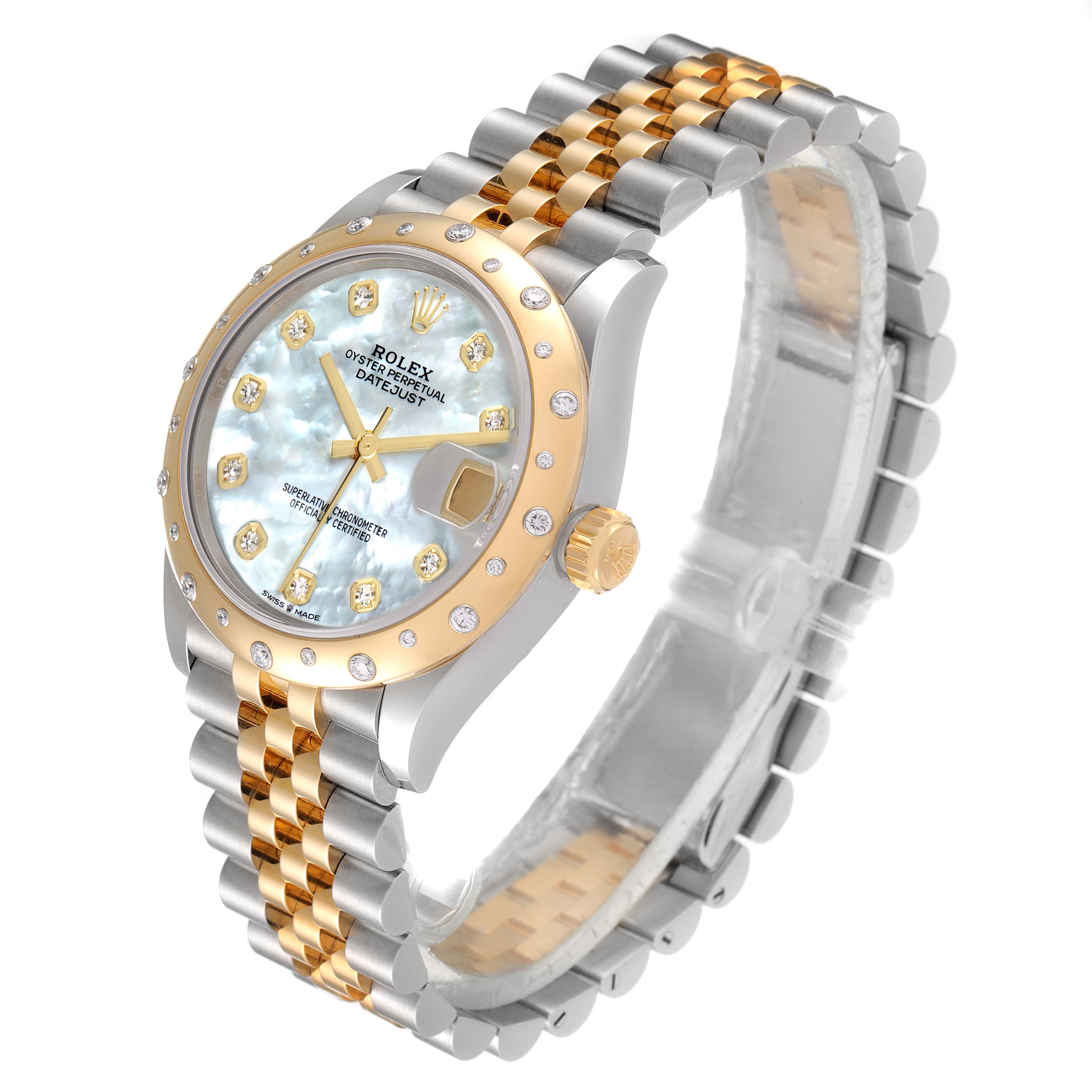 The image shows a Rolex Mid-Size 278343 Women's Steel and Gold (two tone) Mother of Pearl Dial 278343 Women's Steel and Gold (two tone) Mother of Pearl Dial Datejust watch at a three-quarter angle, highlighting the face, bezel, and bracelet.