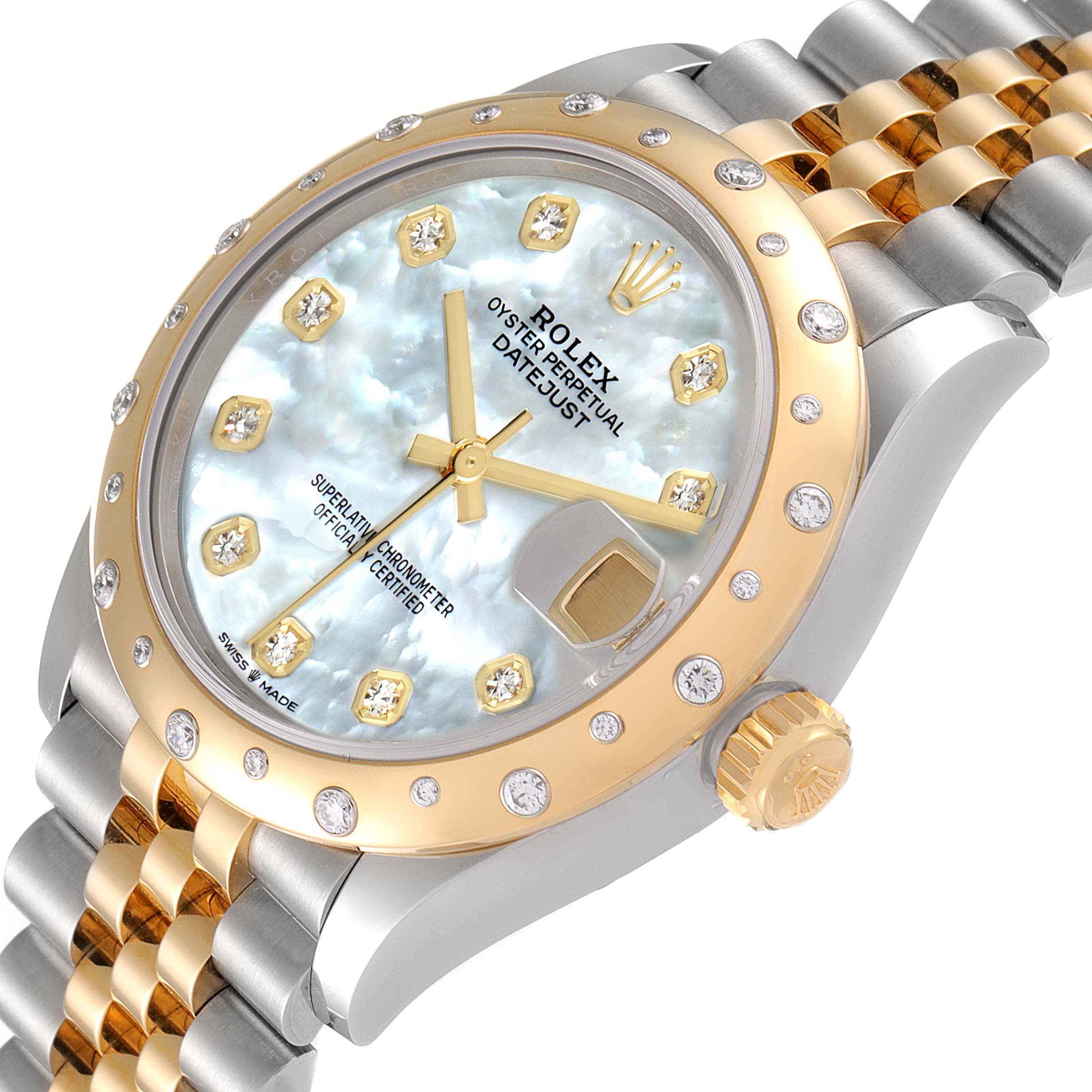 This image shows a close-up angled view of the dial, bezel, crown, and part of the bracelet of the Rolex Mid-Size 278343 Women's Steel and Gold (two tone) Mother of Pearl Dial 278343 Women's Steel and Gold (two tone) Mother of Pearl Dial Datejust watch.