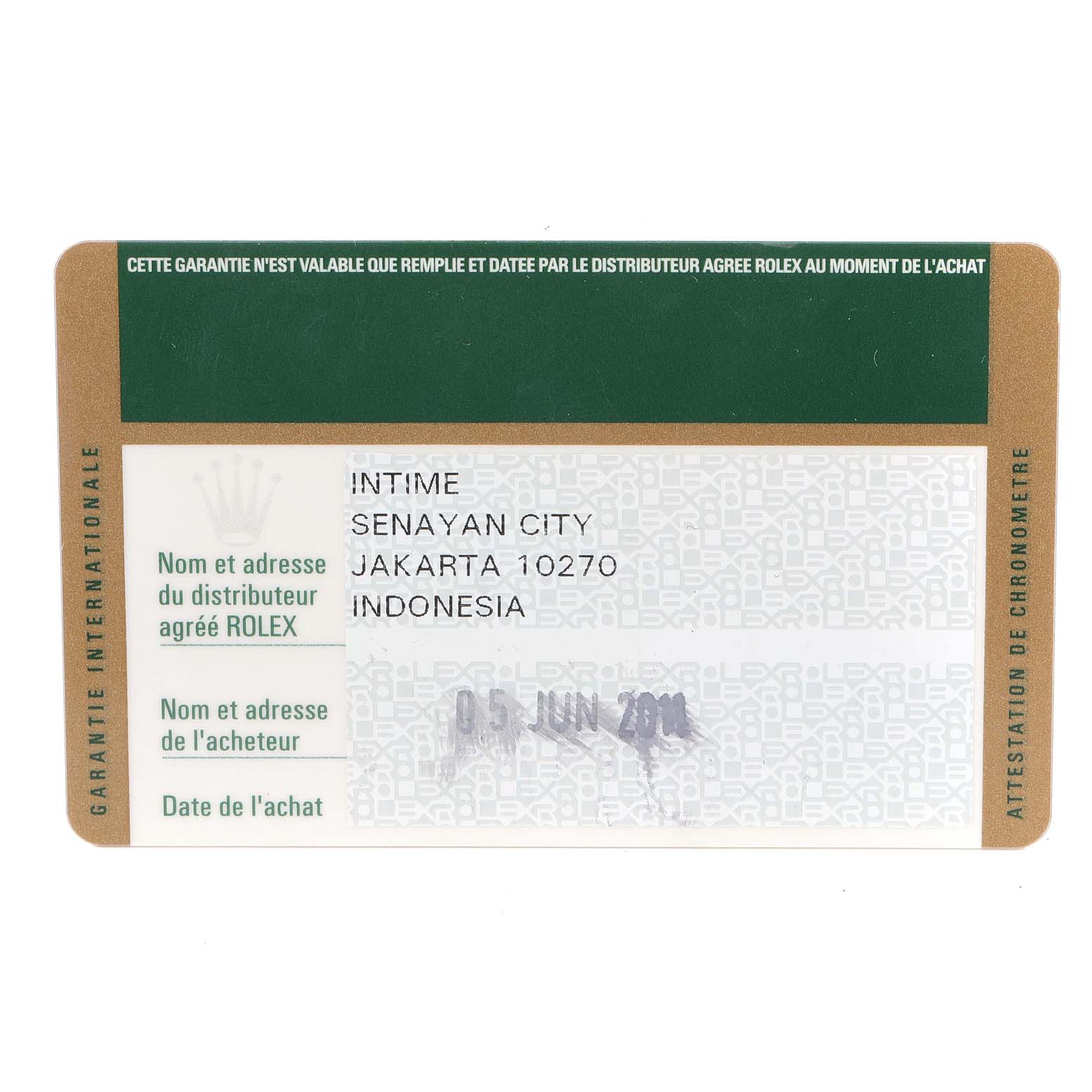 This image shows the warranty card for a Rolex Mid-Size 178383 Women
s Steel and Gold (two tone) Black Dial 178383 Women
s Steel and Gold (two tone) Black Dial model, including dealer information from Jakarta, Indonesia, and date of purchase.