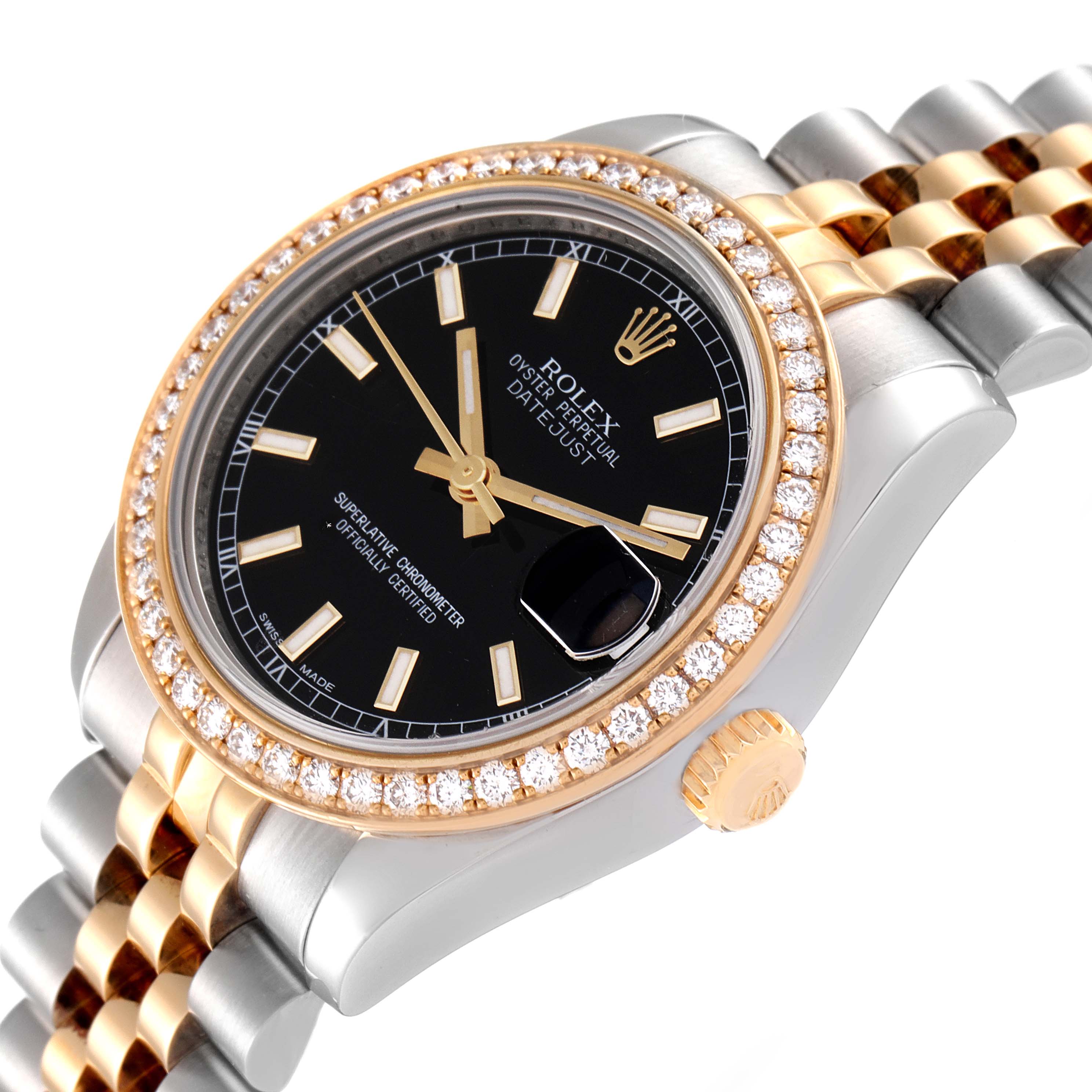 The Rolex Mid-Size 178383 Women
s Steel and Gold (two tone) Black Dial 178383 Women
s Steel and Gold (two tone) Black Dial watch is shown at a slight angle, highlighting its diamond bezel, black dial, date window, and two-tone bracelet.