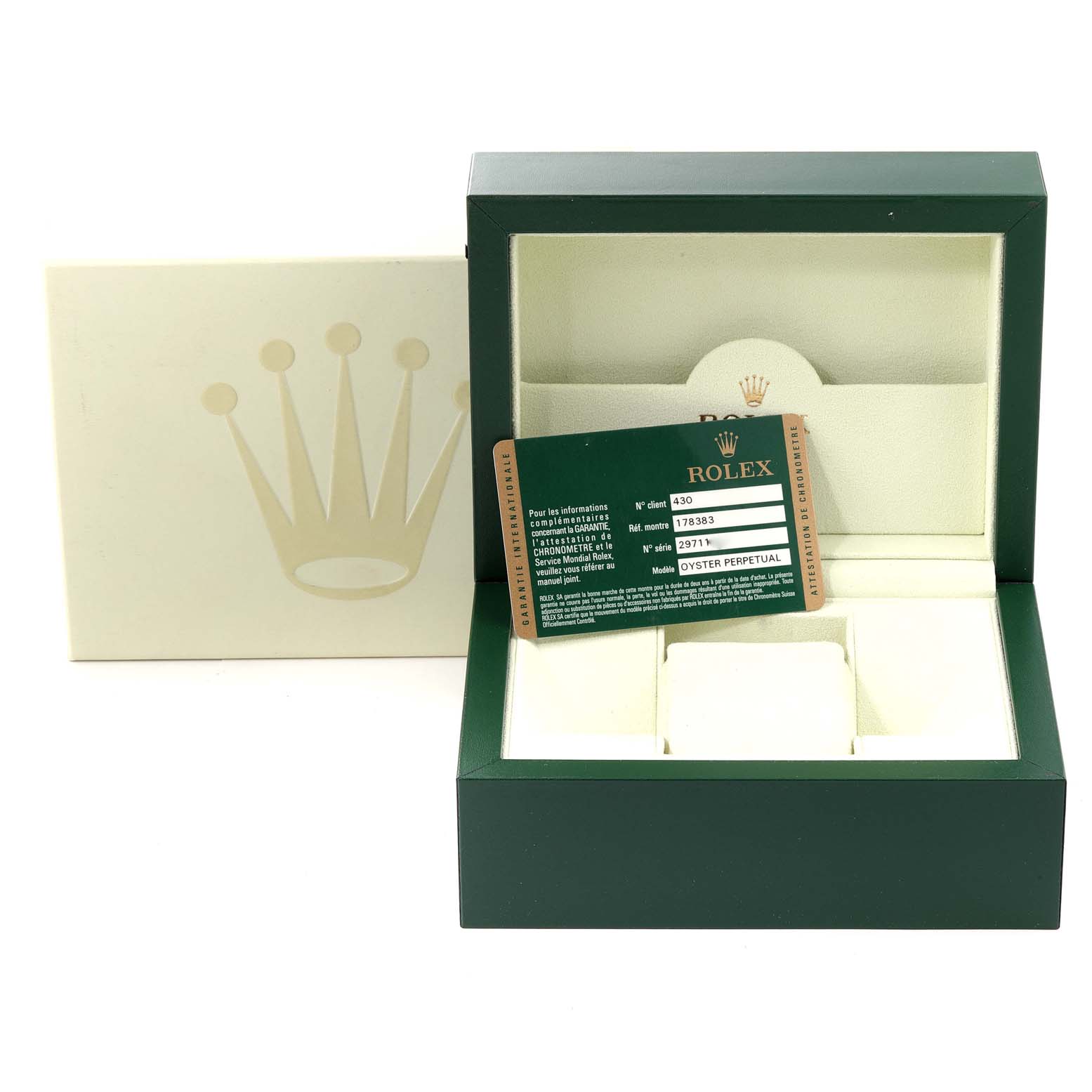 The image shows the box, cushion, and Best Quality
ation card for a Mid-Size Rolex watch.