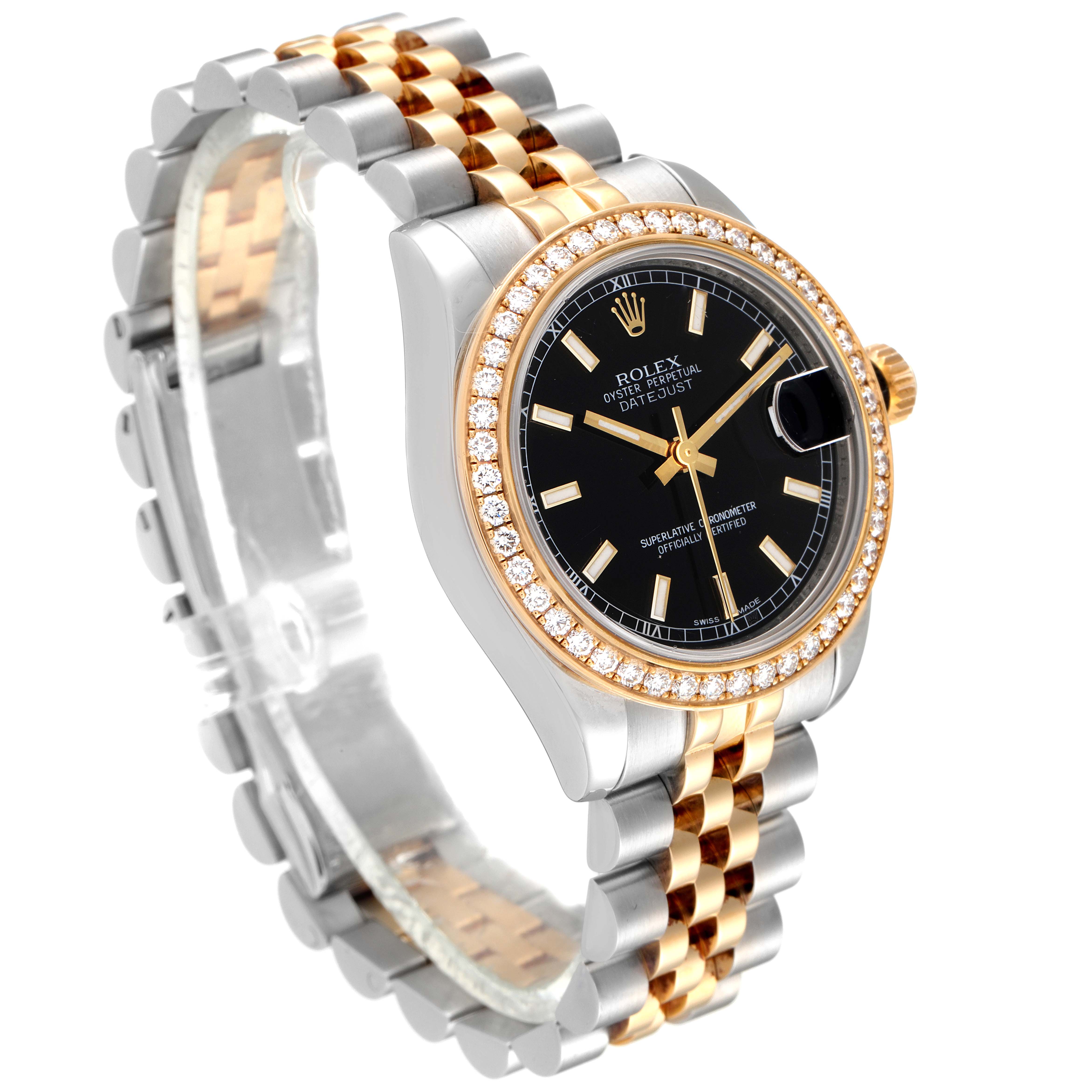 The image shows a Rolex Mid-Size 178383 Women
s Steel and Gold (two tone) Black Dial 178383 Women
s Steel and Gold (two tone) Black Dial Datejust watch at a 3/4 angle, highlighting the two-tone bracelet, bezel with diamonds, and black dial.