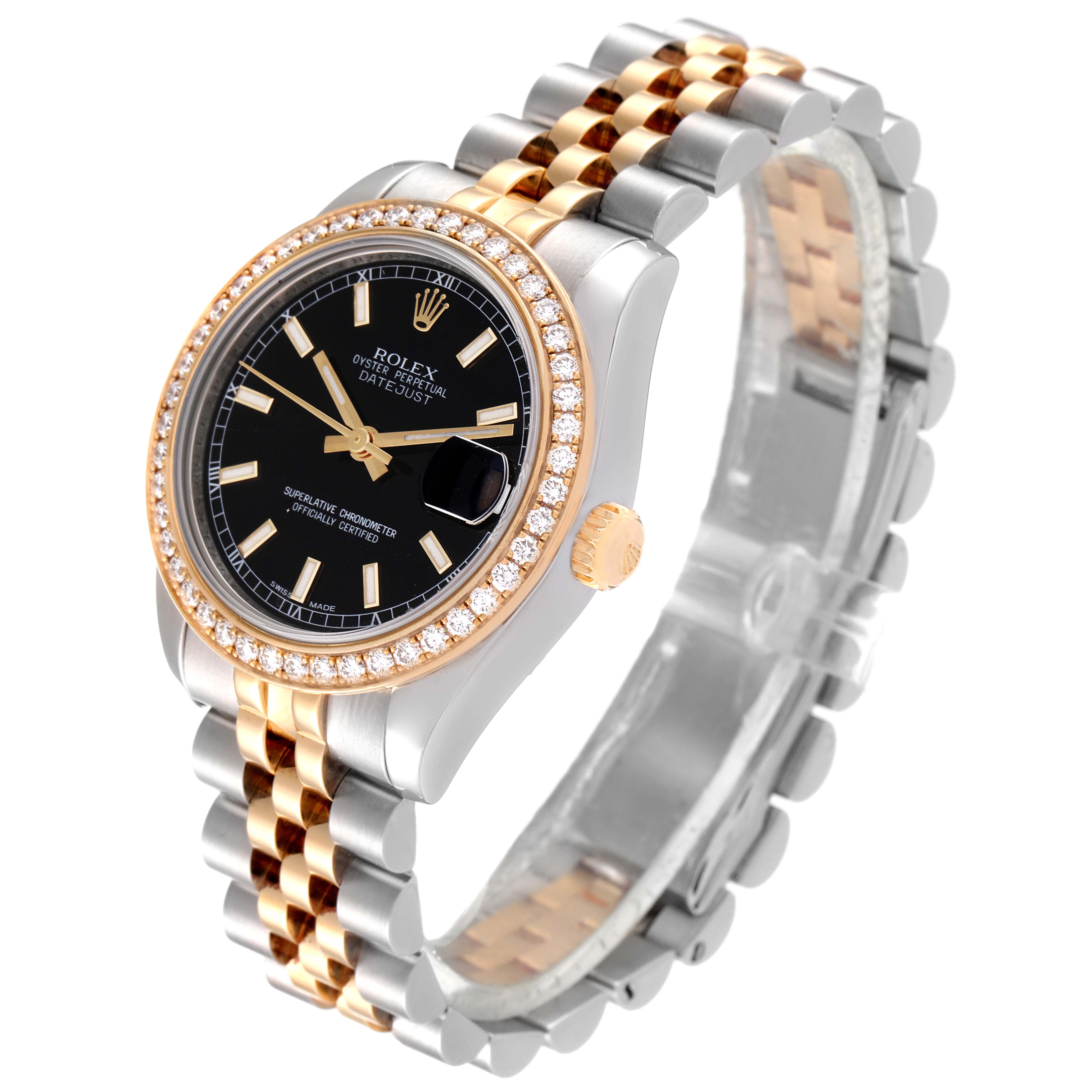 This Rolex Mid-Size 178383 Women
s Steel and Gold (two tone) Black Dial 178383 Women
s Steel and Gold (two tone) Black Dial watch is shown at a slight angle, displaying the black dial, two-tone bracelet, diamond bezel, and crown.