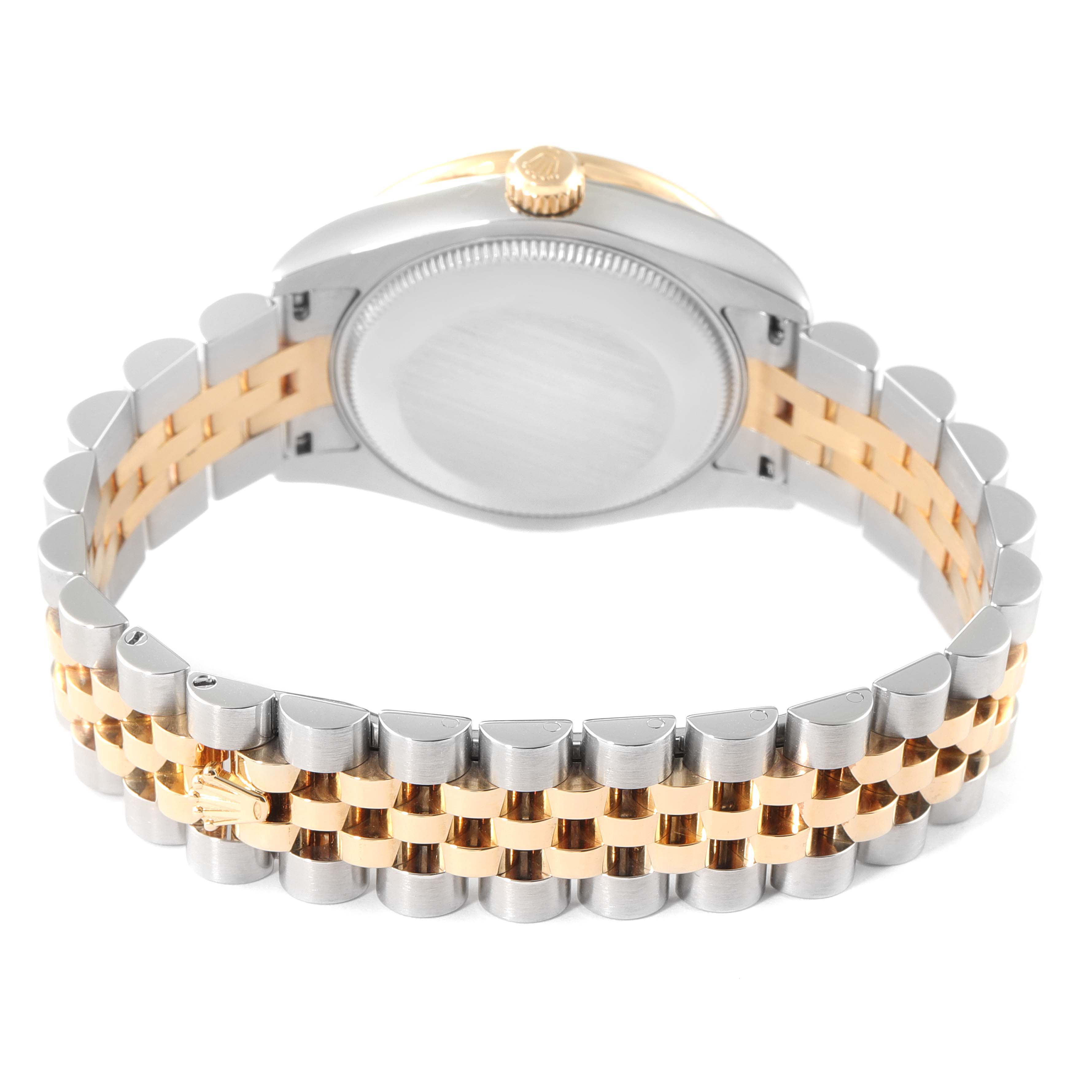 The image shows the back and bracelet of a Mid-Size Rolex watch, highlighting its two-tone stainless steel and gold Jubilee bracelet.