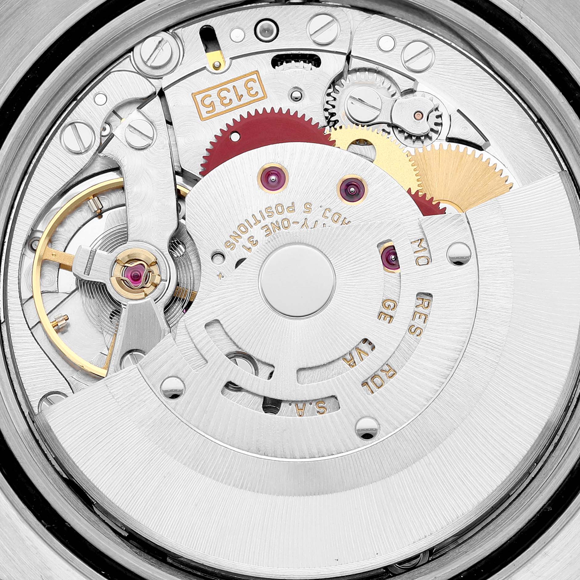 This image shows the movement mechanism of a Rolex Datejust 16233 Men's Steel and Gold (two tone) Black Dial 16233 Men's Steel and Gold (two tone) Black Dial watch, focusing on its intricate components and gears.