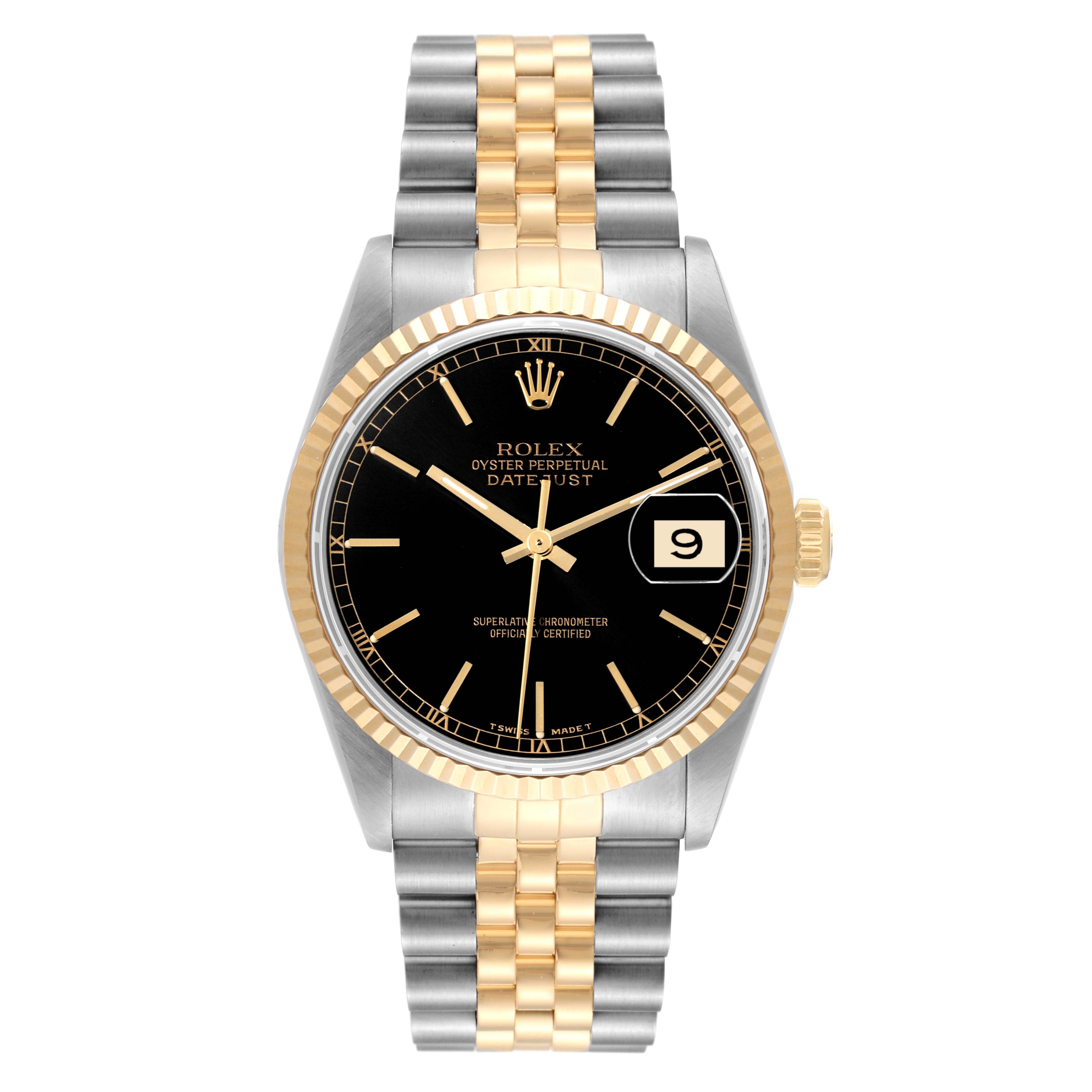 The image shows a frontal view of a Rolex Datejust 16233 Men's Steel and Gold (two tone) Black Dial 16233 Men's Steel and Gold (two tone) Black Dial watch, highlighting its black dial, date display, and two-tone bracelet.