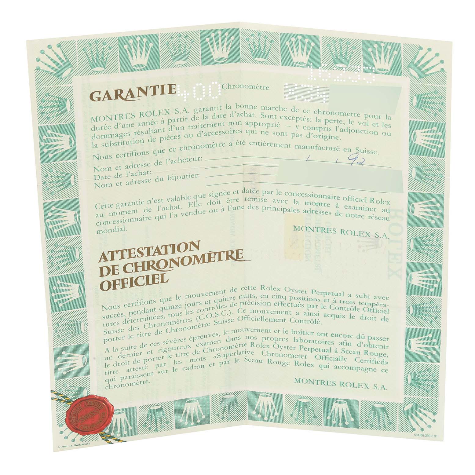 This image shows the official certificate and warranty card for a Rolex Datejust 16233 Men's Steel and Gold (two tone) Black Dial 16233 Men's Steel and Gold (two tone) Black Dial watch.