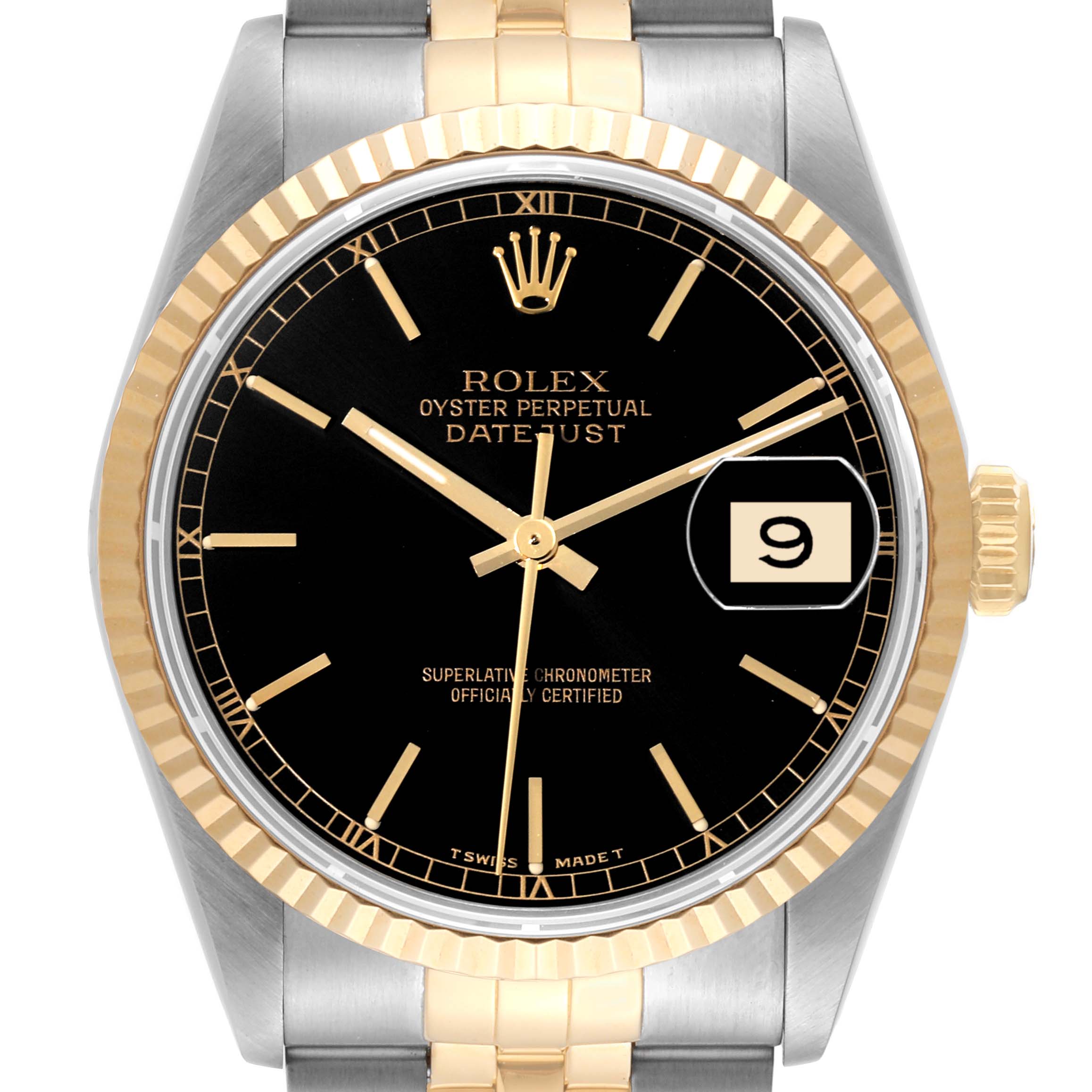 The image shows a front view of the Rolex Datejust 16233 Men's Steel and Gold (two tone) Black Dial 16233 Men's Steel and Gold (two tone) Black Dial watch, highlighting its black dial, gold and silver bracelet, and date display.
