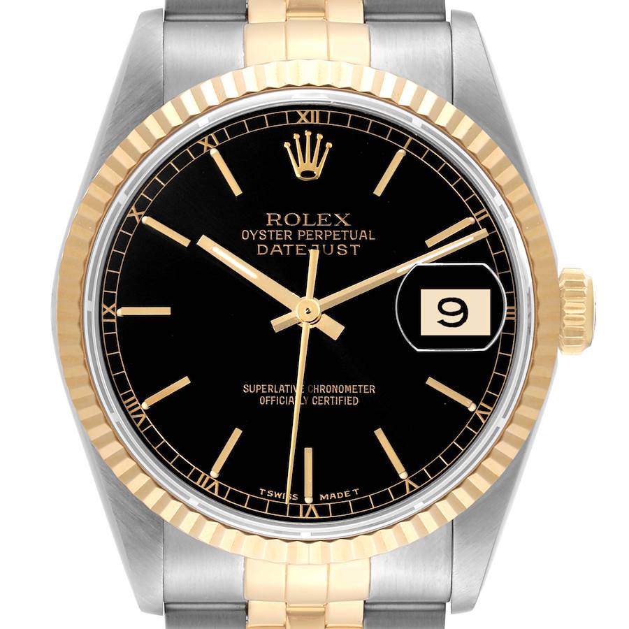 Rolex Datejust 36 Steel Yellow Gold Black Dial Mens Watch 16233 Box Papers SwissWatchExpo