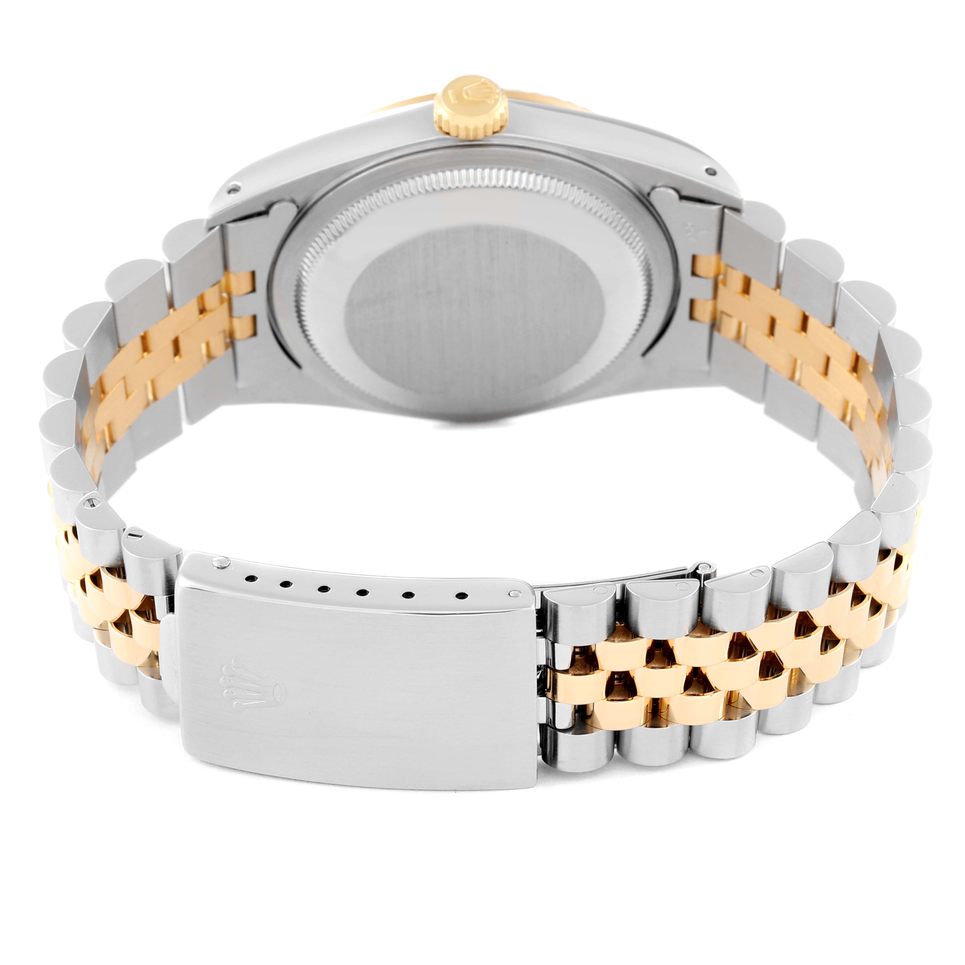 The image shows the back case and bracelet of a Rolex Datejust 16233 Men's Steel and Gold (two tone) Black Dial 16233 Men's Steel and Gold (two tone) Black Dial watch, featuring a two-tone design in steel and gold.