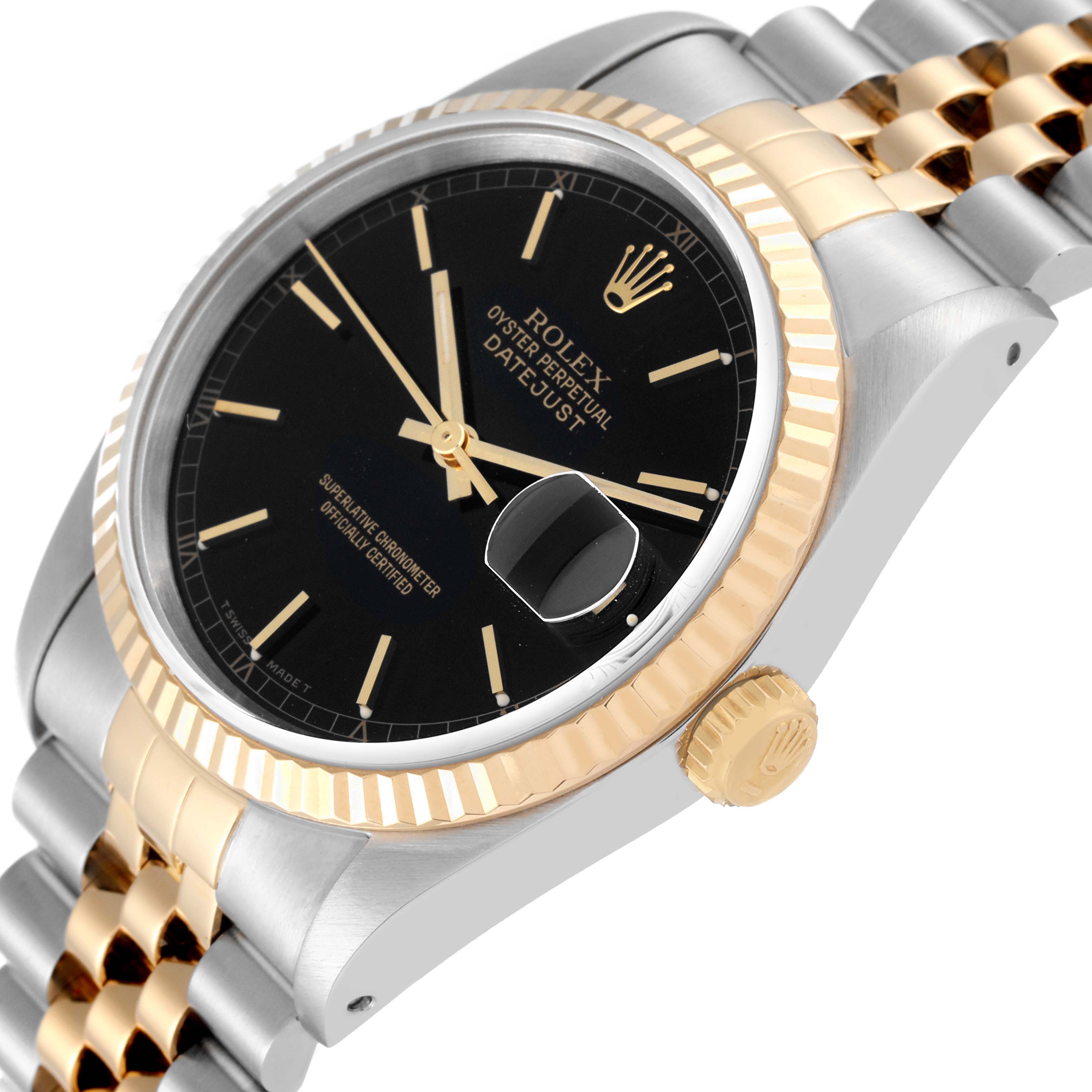 The image shows a close-up angle of a Rolex Datejust 16233 Men's Steel and Gold (two tone) Black Dial 16233 Men's Steel and Gold (two tone) Black Dial watch, focusing on the bezel, dial, and part of the bracelet.
