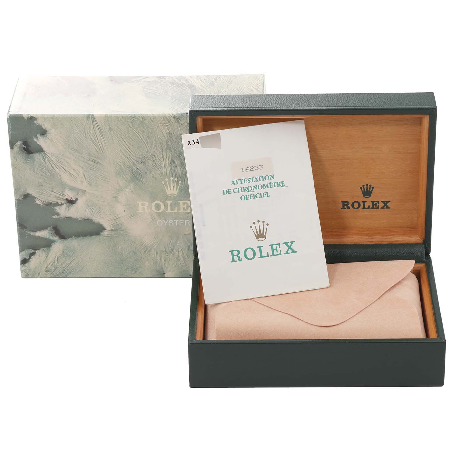 The image shows the open presentation box and documentation for a Rolex Datejust 16233 Men's Steel and Gold (two tone) Black Dial 16233 Men's Steel and Gold (two tone) Black Dial model watch.