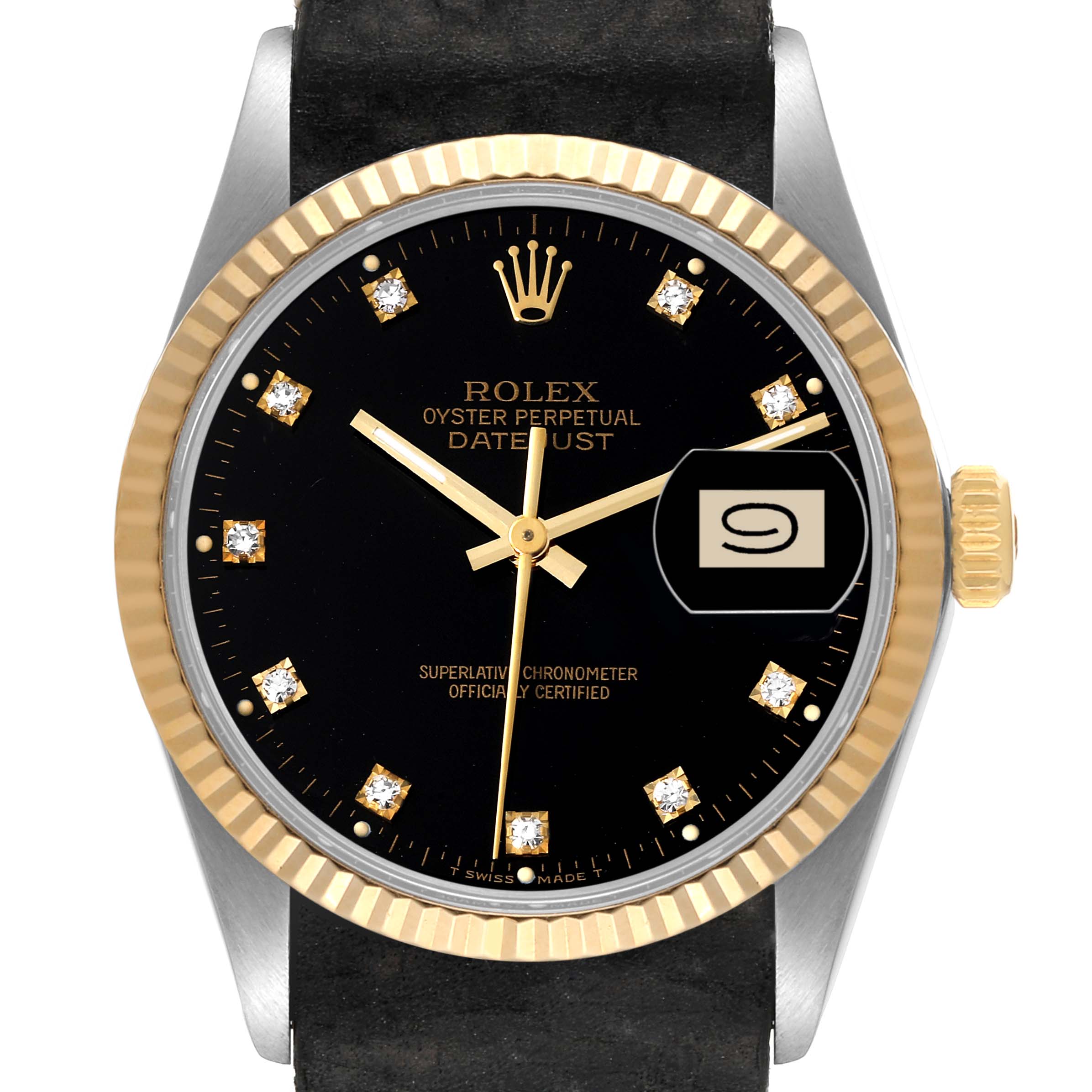 This image shows a front view of the Rolex Datejust 16013 Men's Steel and Gold (two tone) Black Dial 16013 Men's Steel and Gold (two tone) Black Dial watch, highlighting its black dial, gold fluted bezel, and diamond hour markers.