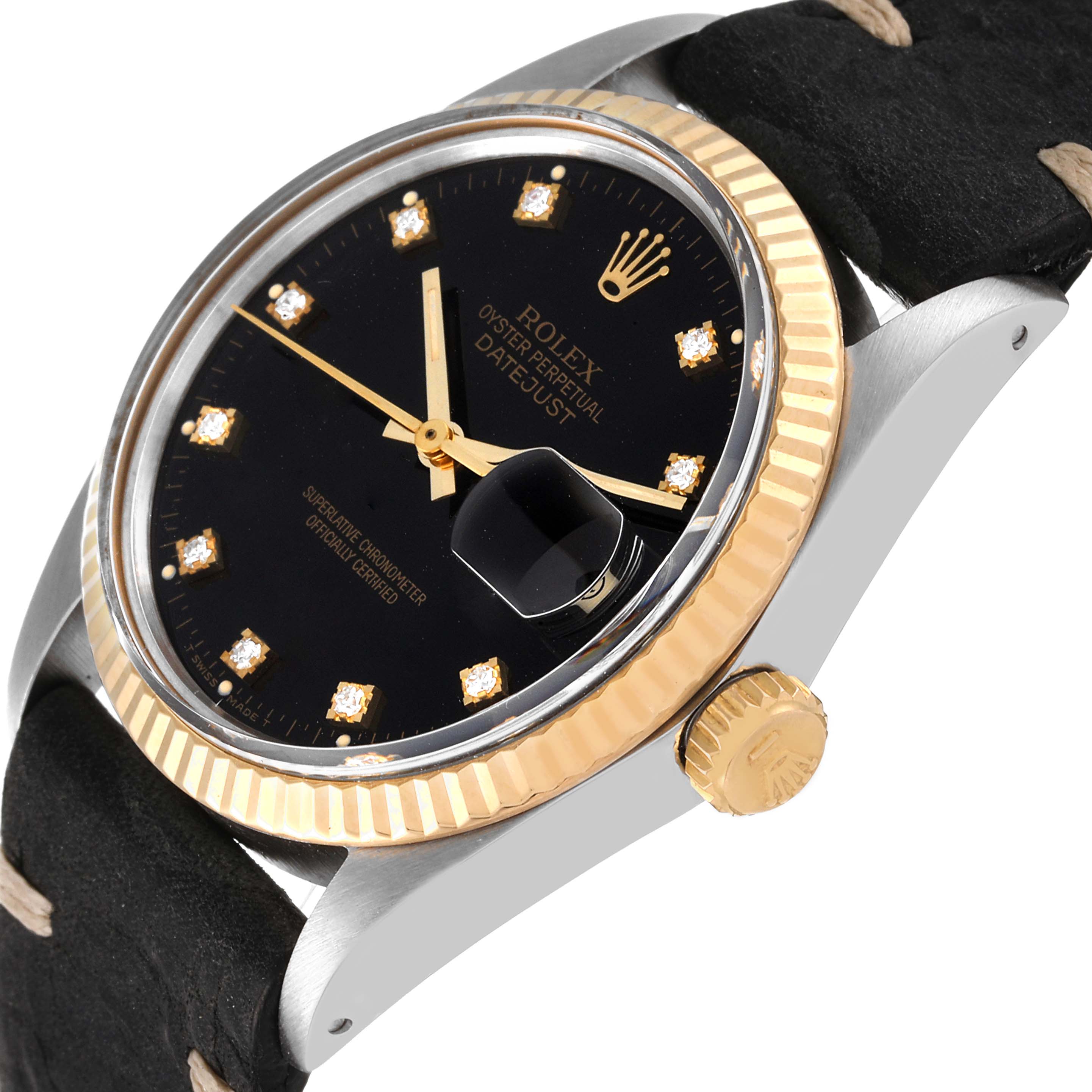 This image shows a close-up angled view of a Rolex Datejust 16013 Men's Steel and Gold (two tone) Black Dial 16013 Men's Steel and Gold (two tone) Black Dial watch, highlighting the dial, bezel, crown, and part of the strap.