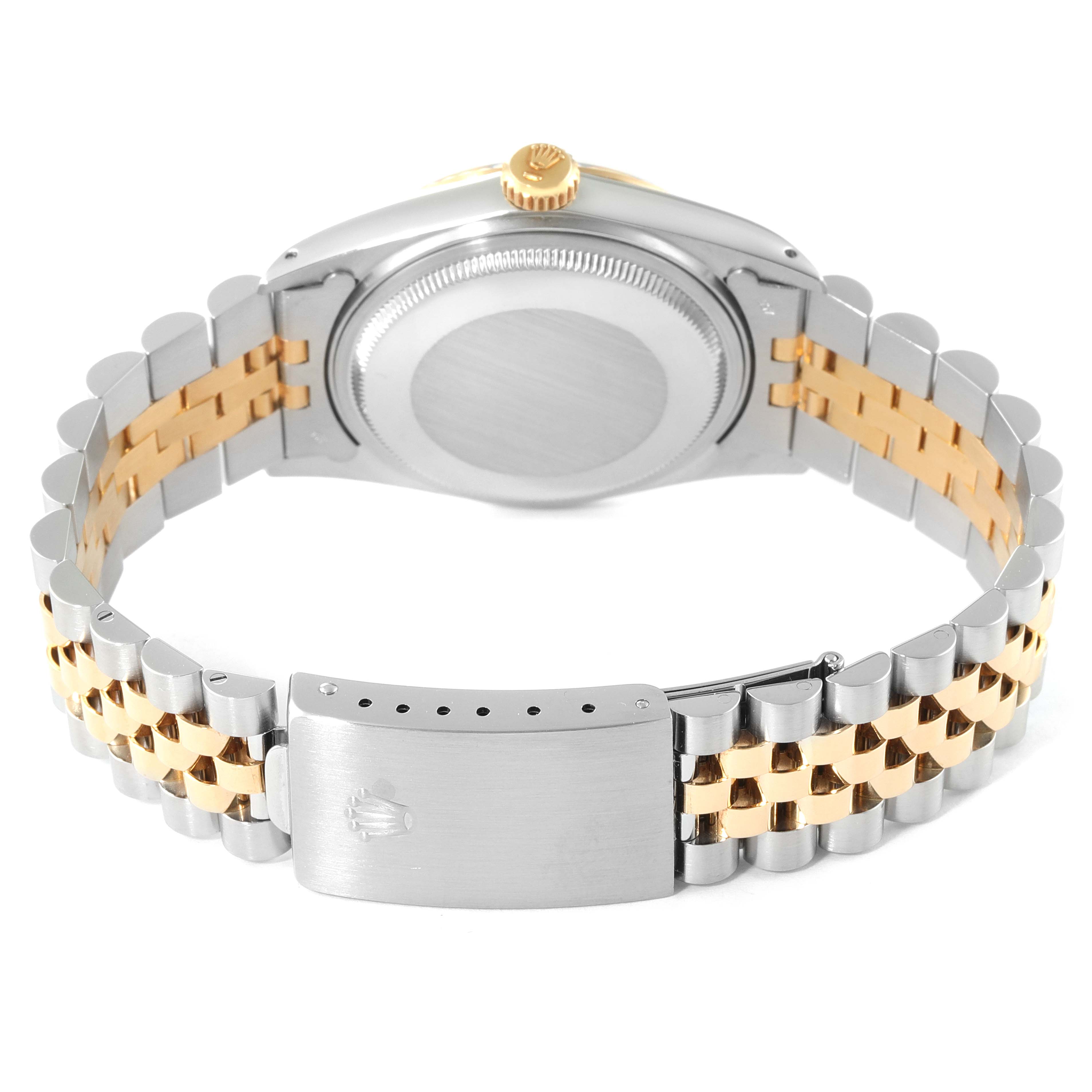 The Rolex Vintage Collection 16013 Men's Steel and Gold (two tone) Champagne Dial 16013 Men's Steel and Gold (two tone) Champagne Dial watch is shown from the back, highlighting its case, crown, and two-tone bracelet with a clasp.