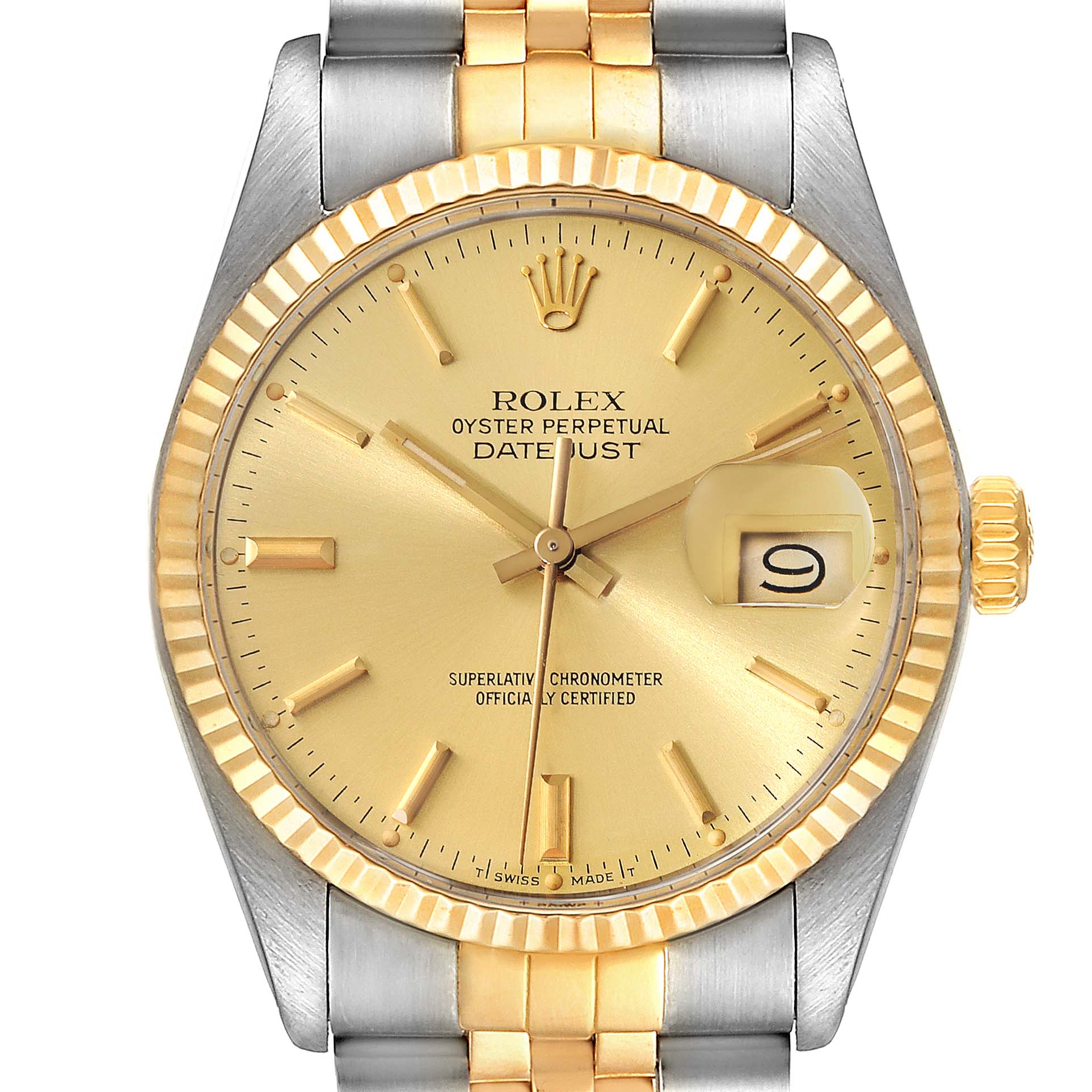This image shows a frontal view of the Rolex Vintage Collection 16013 Men's Steel and Gold (two tone) Champagne Dial 16013 Men's Steel and Gold (two tone) Champagne Dial watch model Datejust, featuring its face, bezel, and partial bracelet.