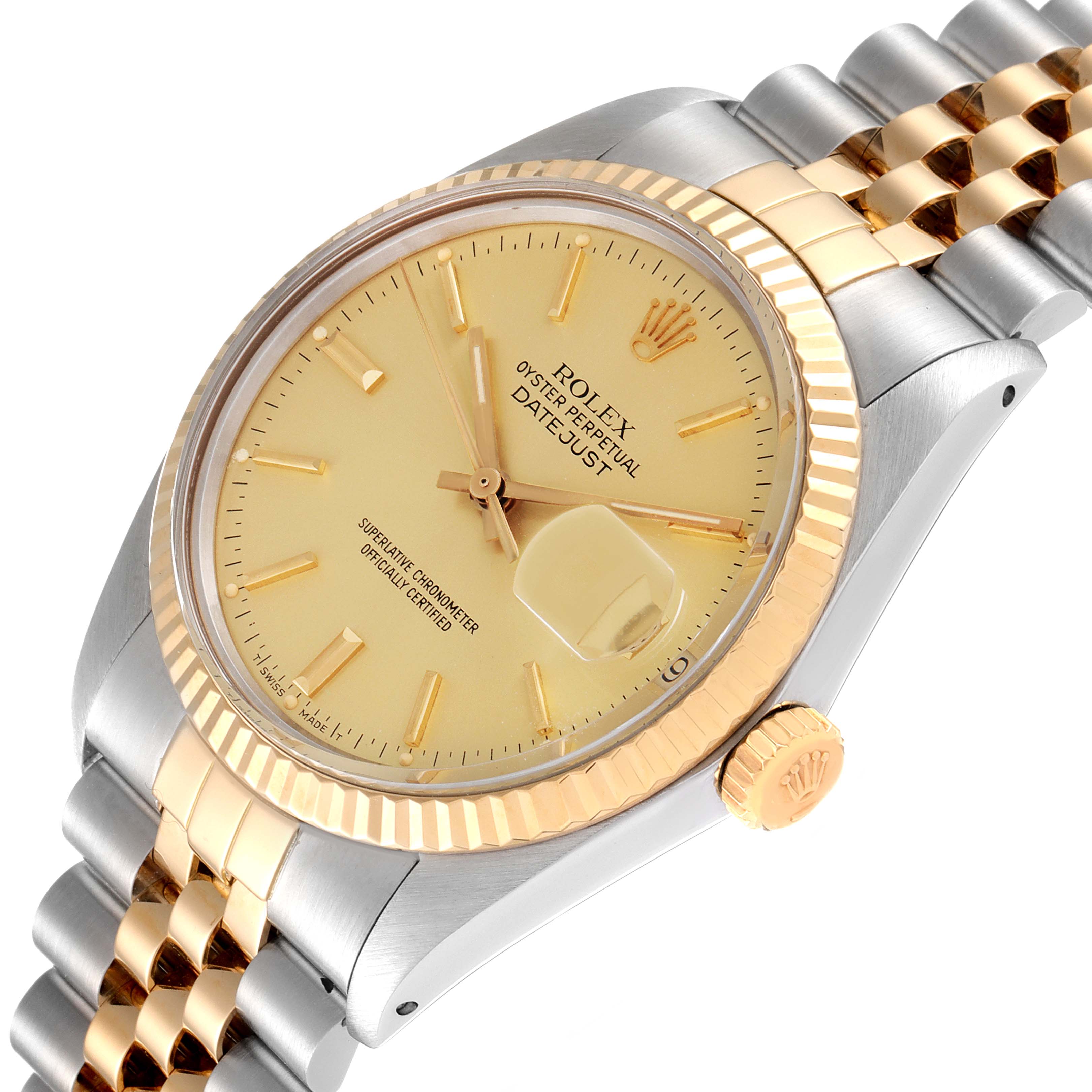 The Rolex Vintage Collection 16013 Men's Steel and Gold (two tone) Champagne Dial 16013 Men's Steel and Gold (two tone) Champagne Dial Datejust watch is shown at a three-quarter angle, displaying the face, crown, and bracelet.